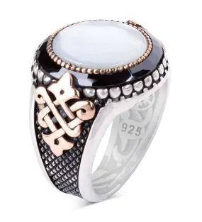 Mother of Pearl Stone Silver Mens Ring