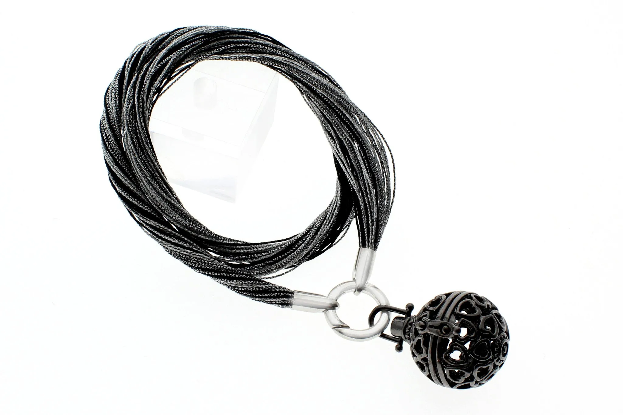Multi-Strands Viscose Rayon with Heart Locket, Stainless Steel Circle Clasp Necklace, 40cm (15.75")