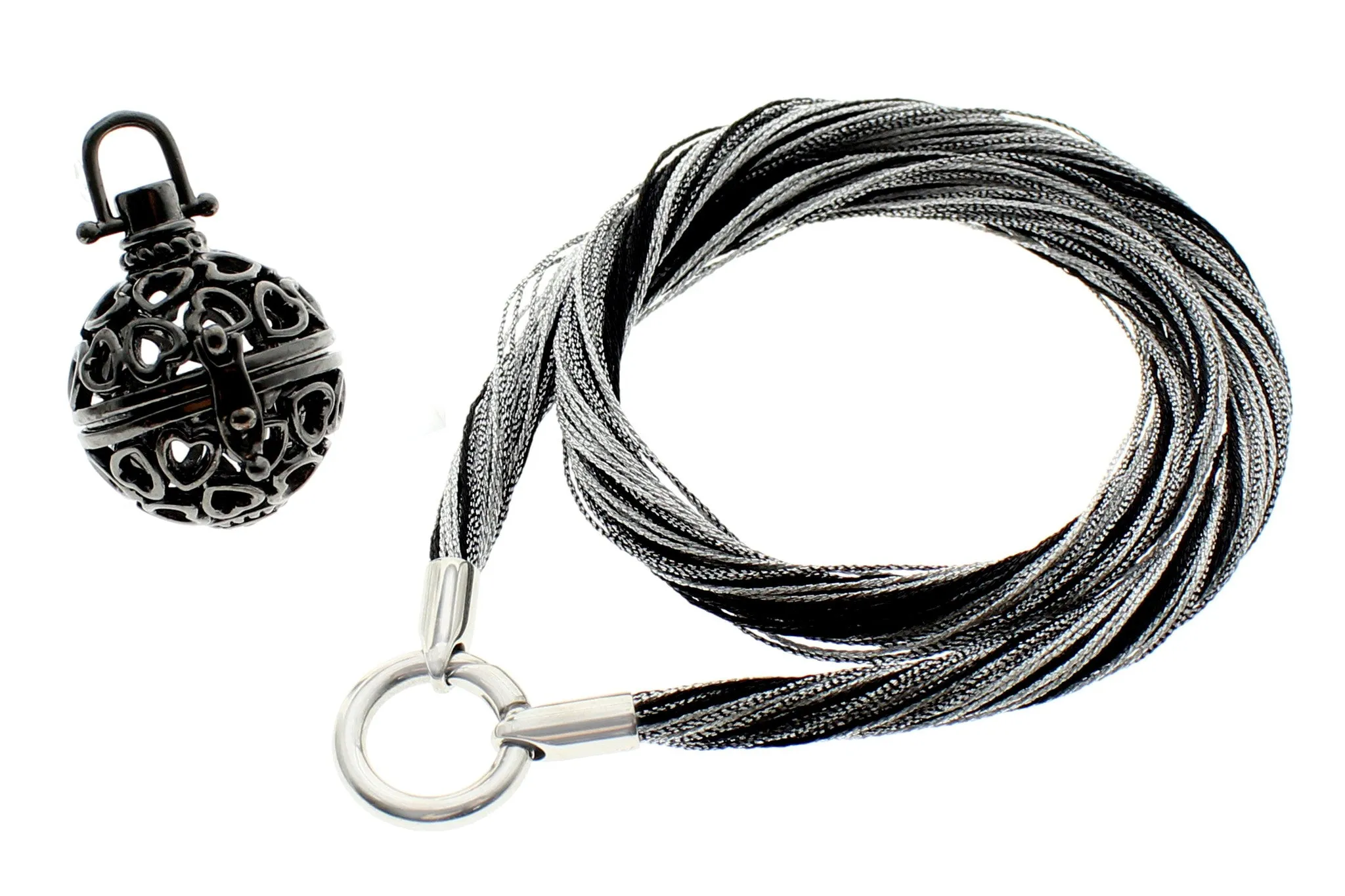 Multi-Strands Viscose Rayon with Heart Locket, Stainless Steel Circle Clasp Necklace, 40cm (15.75")