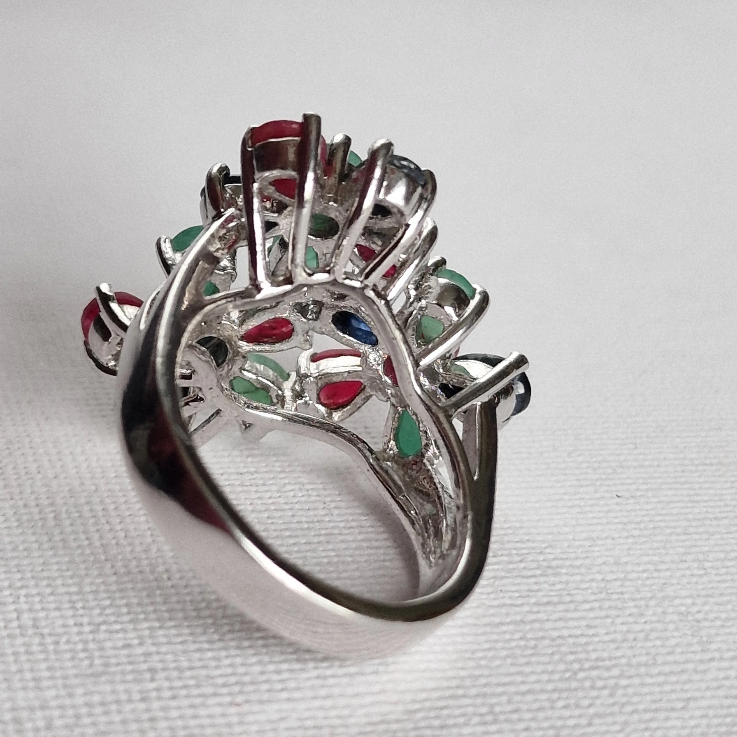 Natural Green Emerald Sapphire and Ruby Handmade 925 Sterling Silver Ring