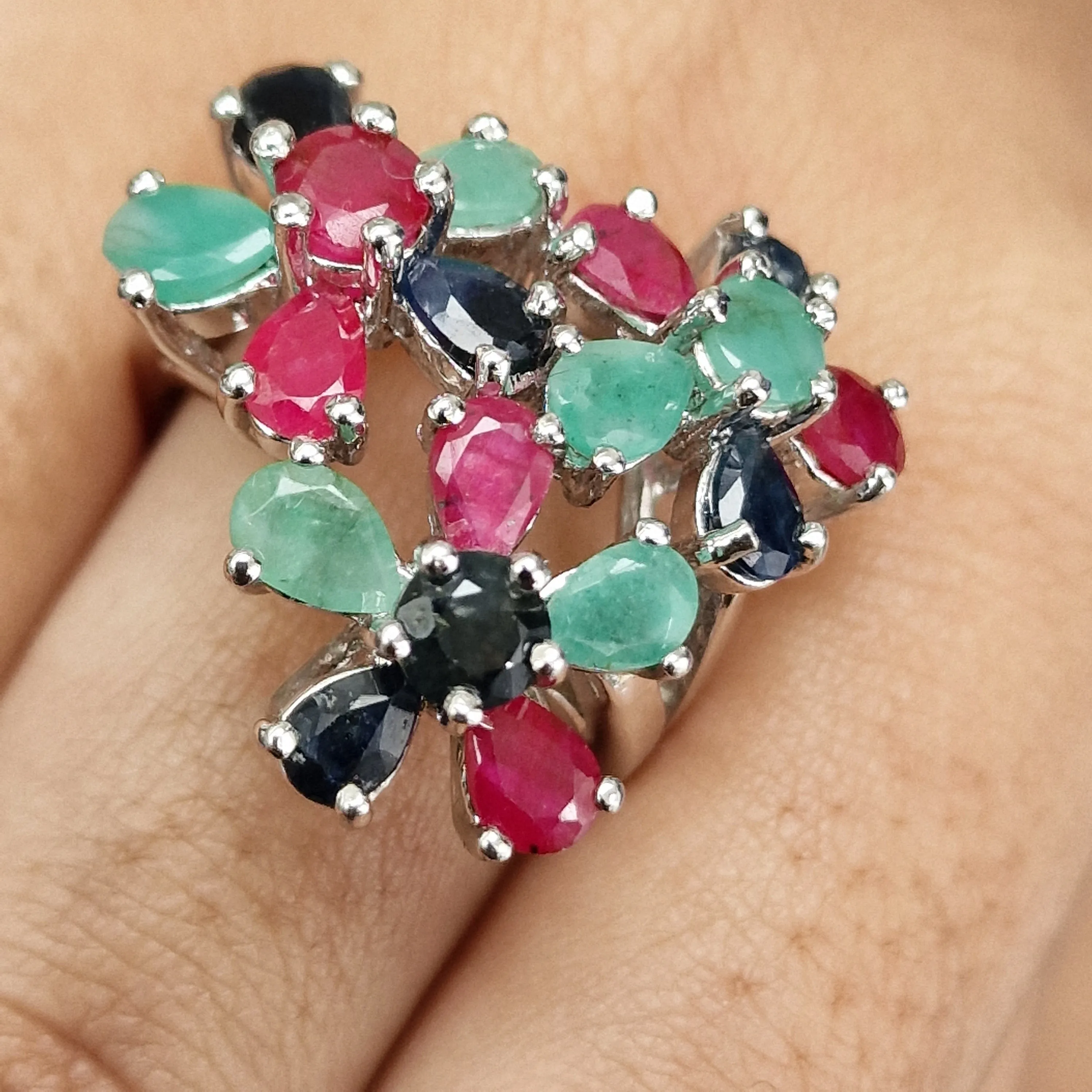 Natural Green Emerald Sapphire and Ruby Handmade 925 Sterling Silver Ring