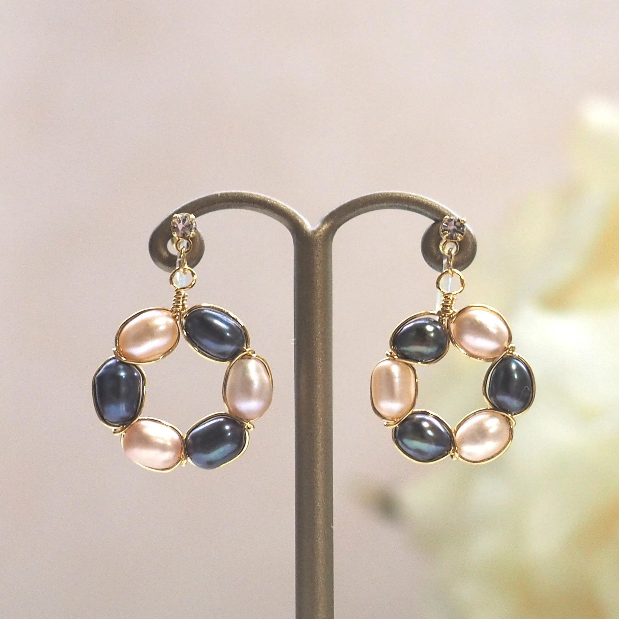 Navy blue and pink freshwater pearl invisible clip on earrings
