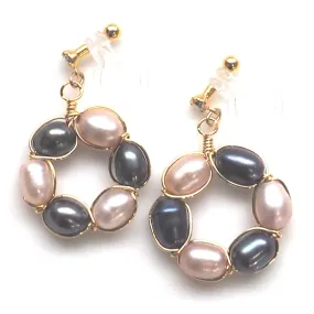 Navy blue and pink freshwater pearl invisible clip on earrings