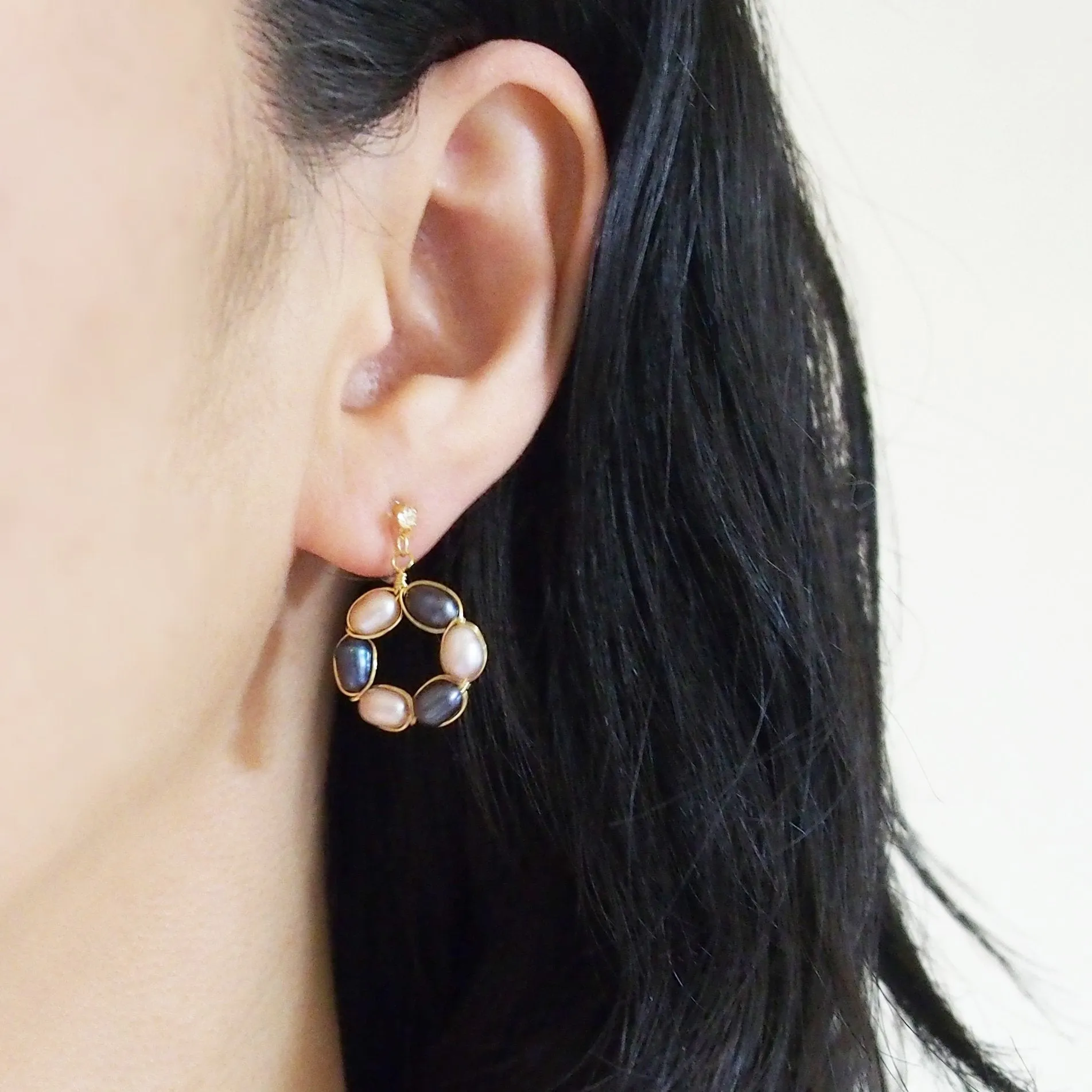Navy blue and pink freshwater pearl invisible clip on earrings
