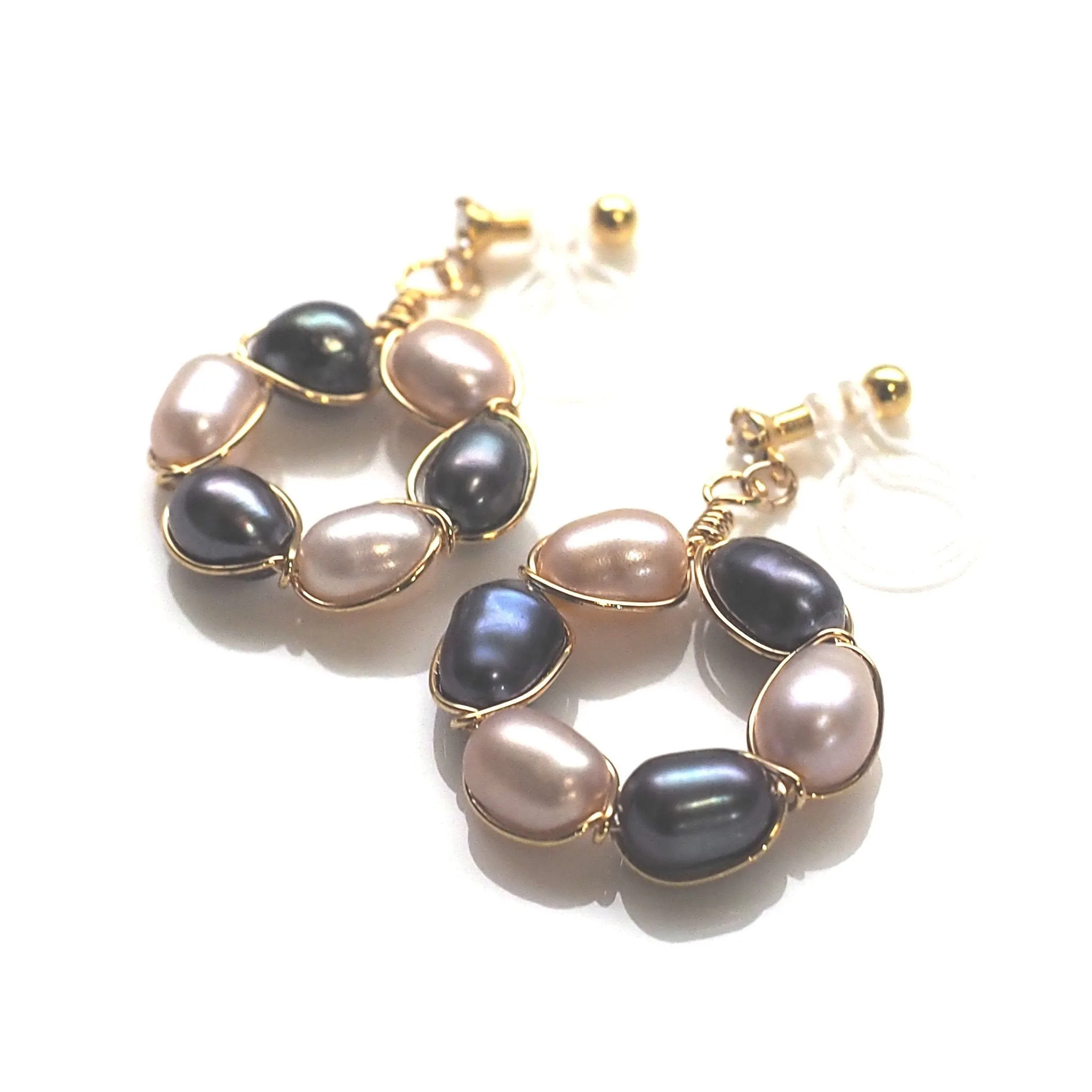 Navy blue and pink freshwater pearl invisible clip on earrings