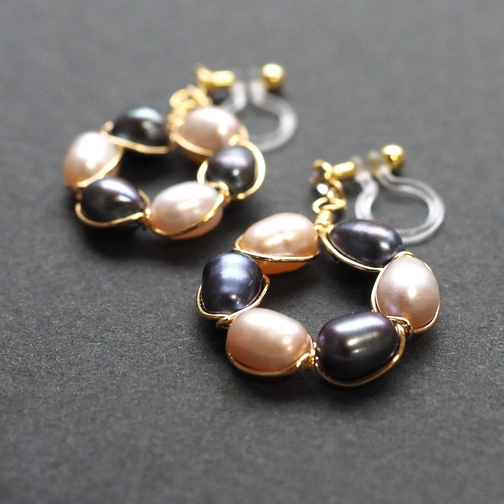 Navy blue and pink freshwater pearl invisible clip on earrings