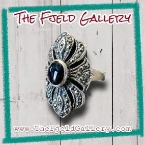 Onyx & Marcasite Art Deco Petal Sterling Silver Vintage Ring