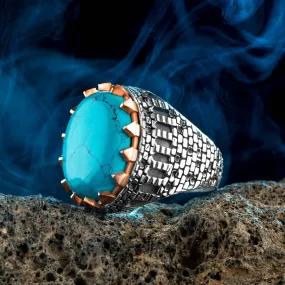 Oval Turquoise Men Ring, Sterling Silver Gemstone Ring, Castle Style Engraved Ring
