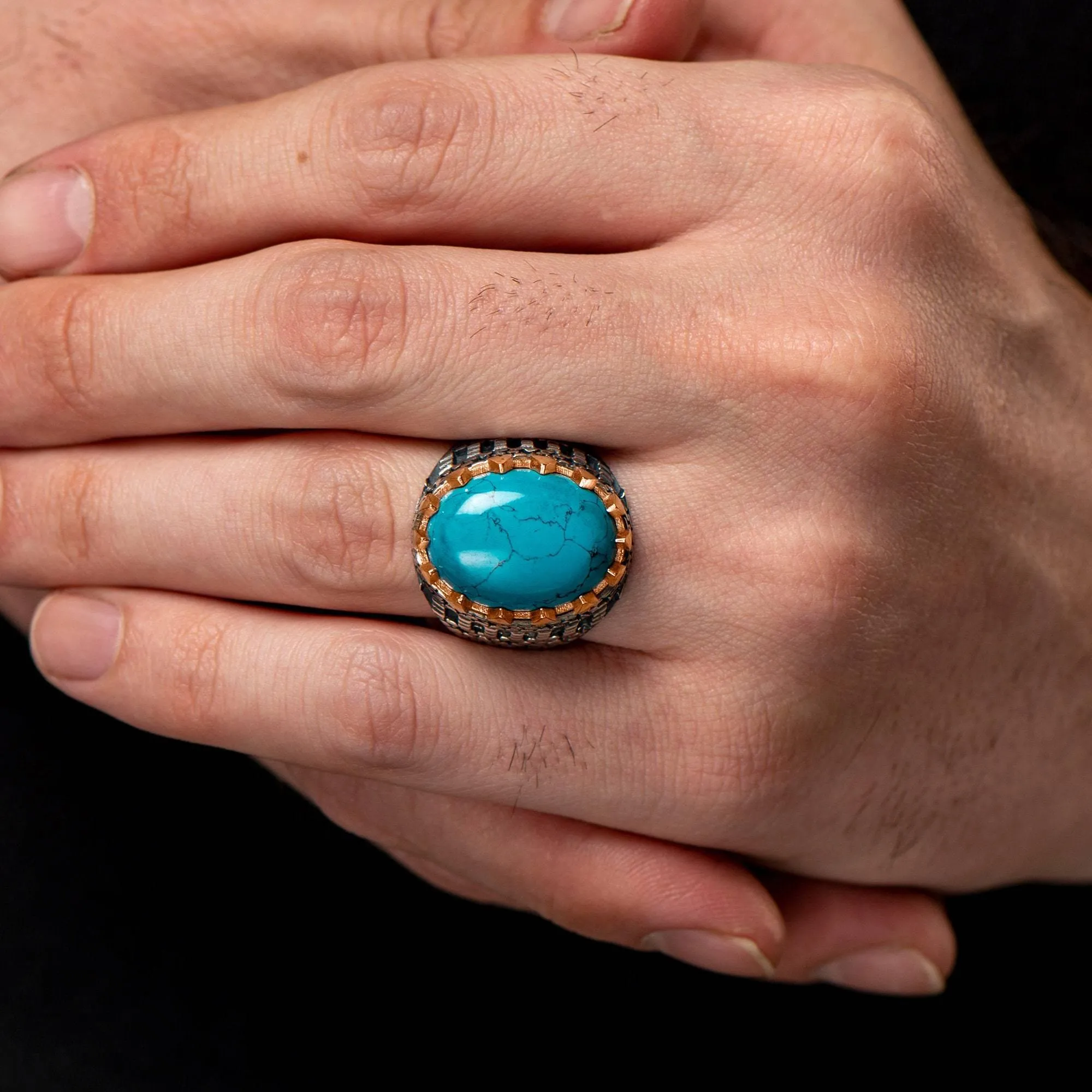 Oval Turquoise Men Ring, Sterling Silver Gemstone Ring, Castle Style Engraved Ring