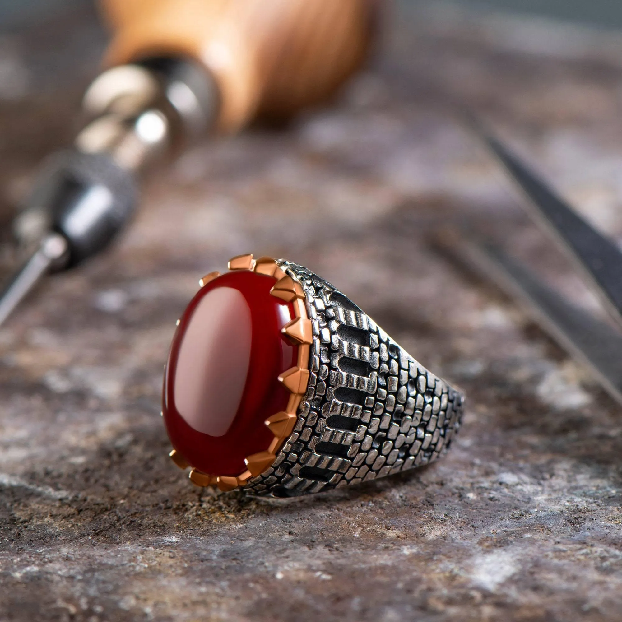 Oval Turquoise Men Ring, Sterling Silver Gemstone Ring, Castle Style Engraved Ring