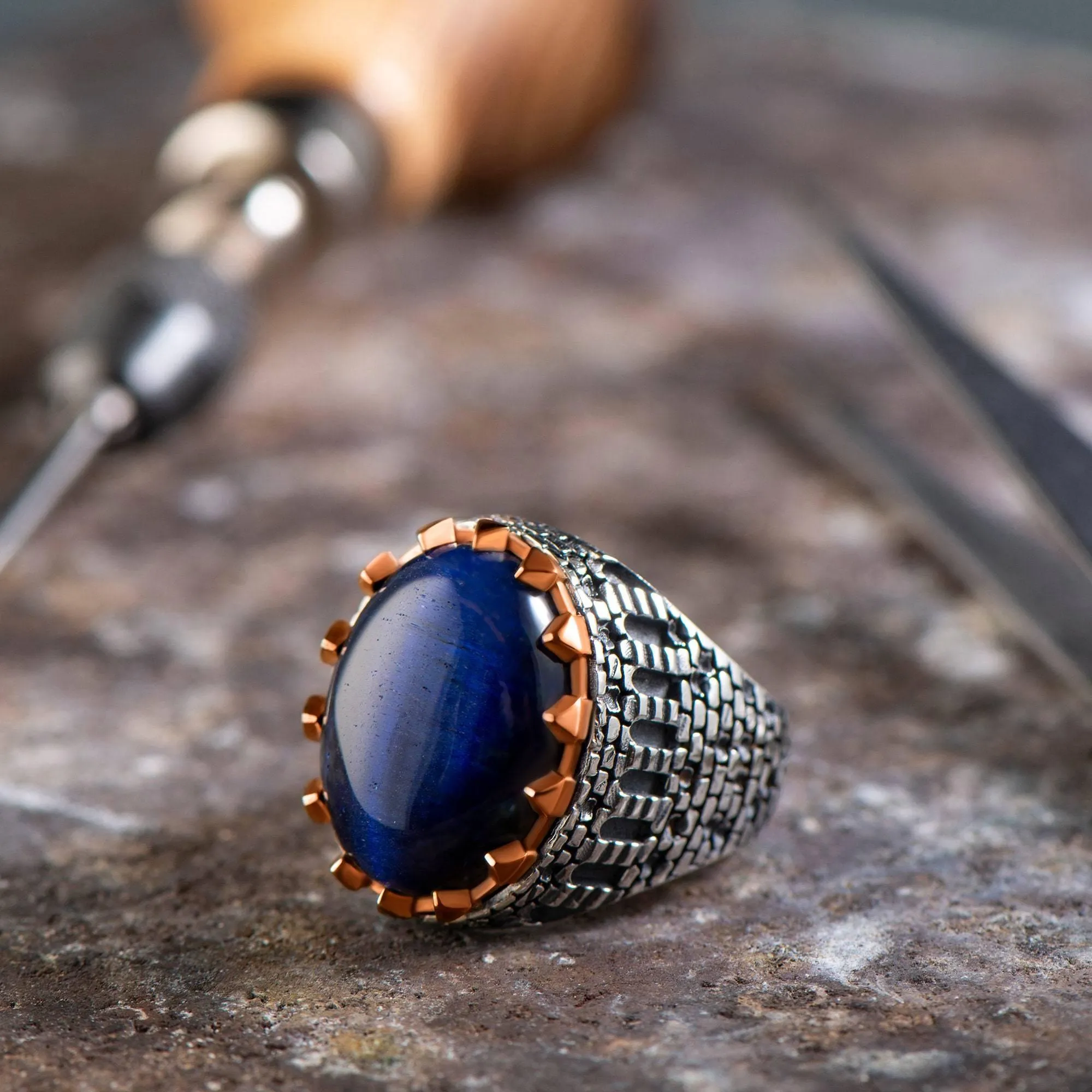 Oval Turquoise Men Ring, Sterling Silver Gemstone Ring, Castle Style Engraved Ring