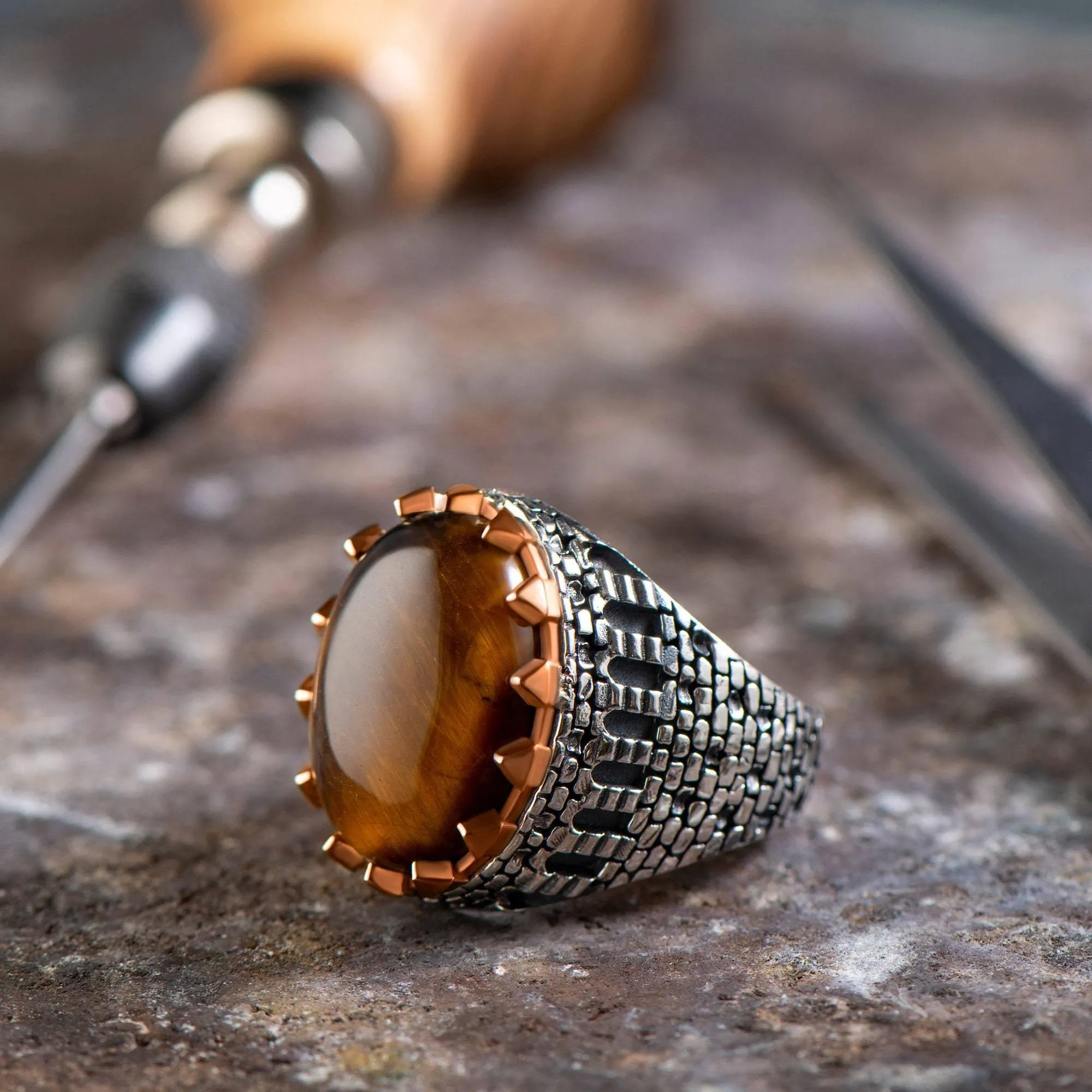 Oval Turquoise Men Ring, Sterling Silver Gemstone Ring, Castle Style Engraved Ring