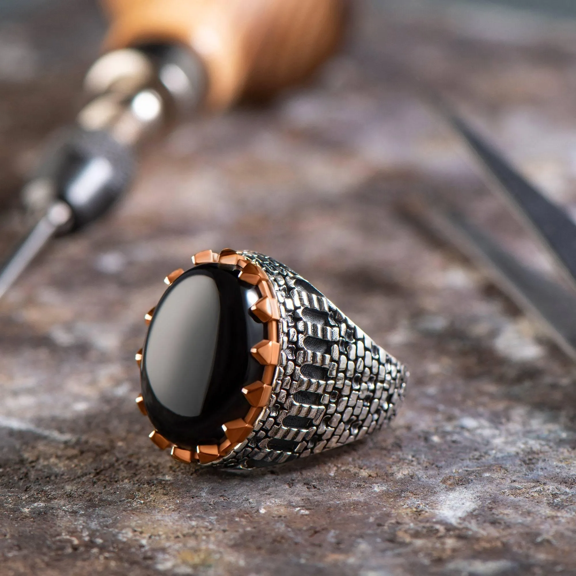 Oval Turquoise Men Ring, Sterling Silver Gemstone Ring, Castle Style Engraved Ring