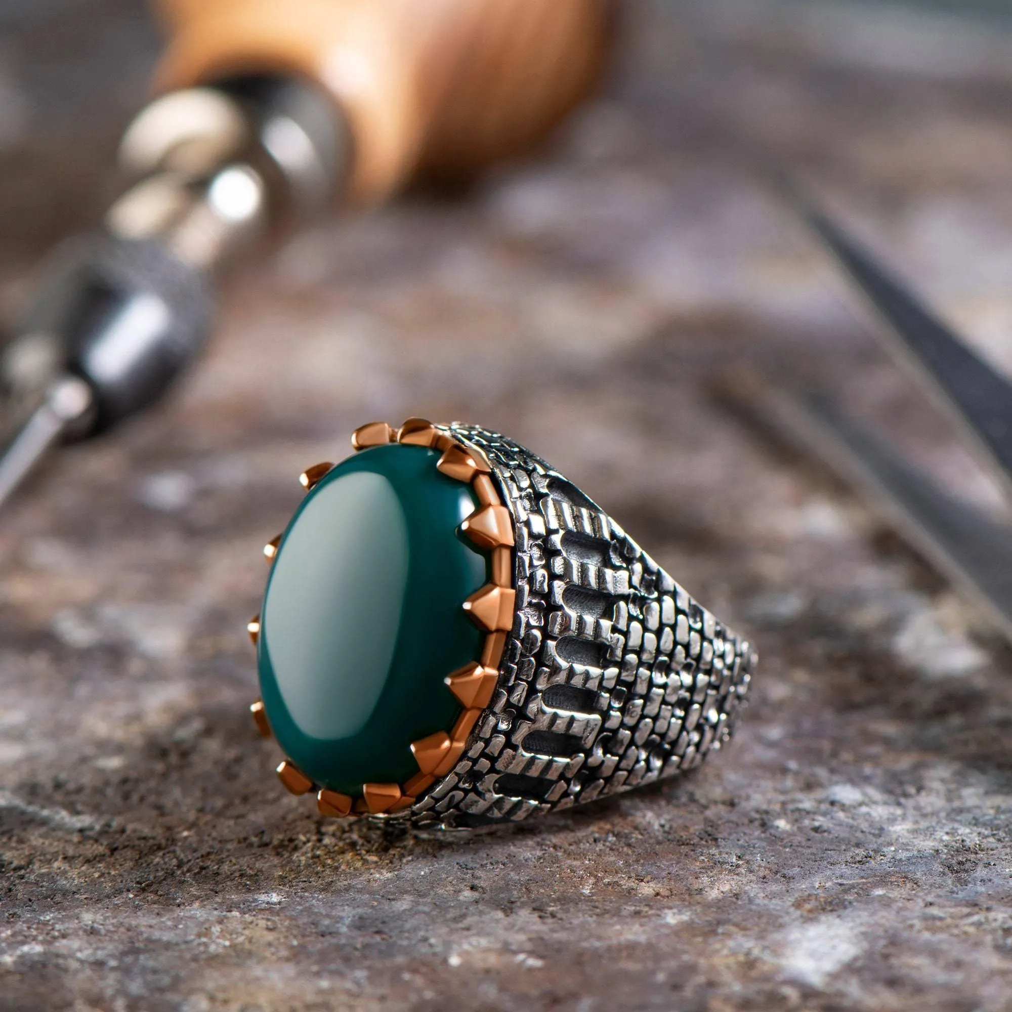Oval Turquoise Men Ring, Sterling Silver Gemstone Ring, Castle Style Engraved Ring