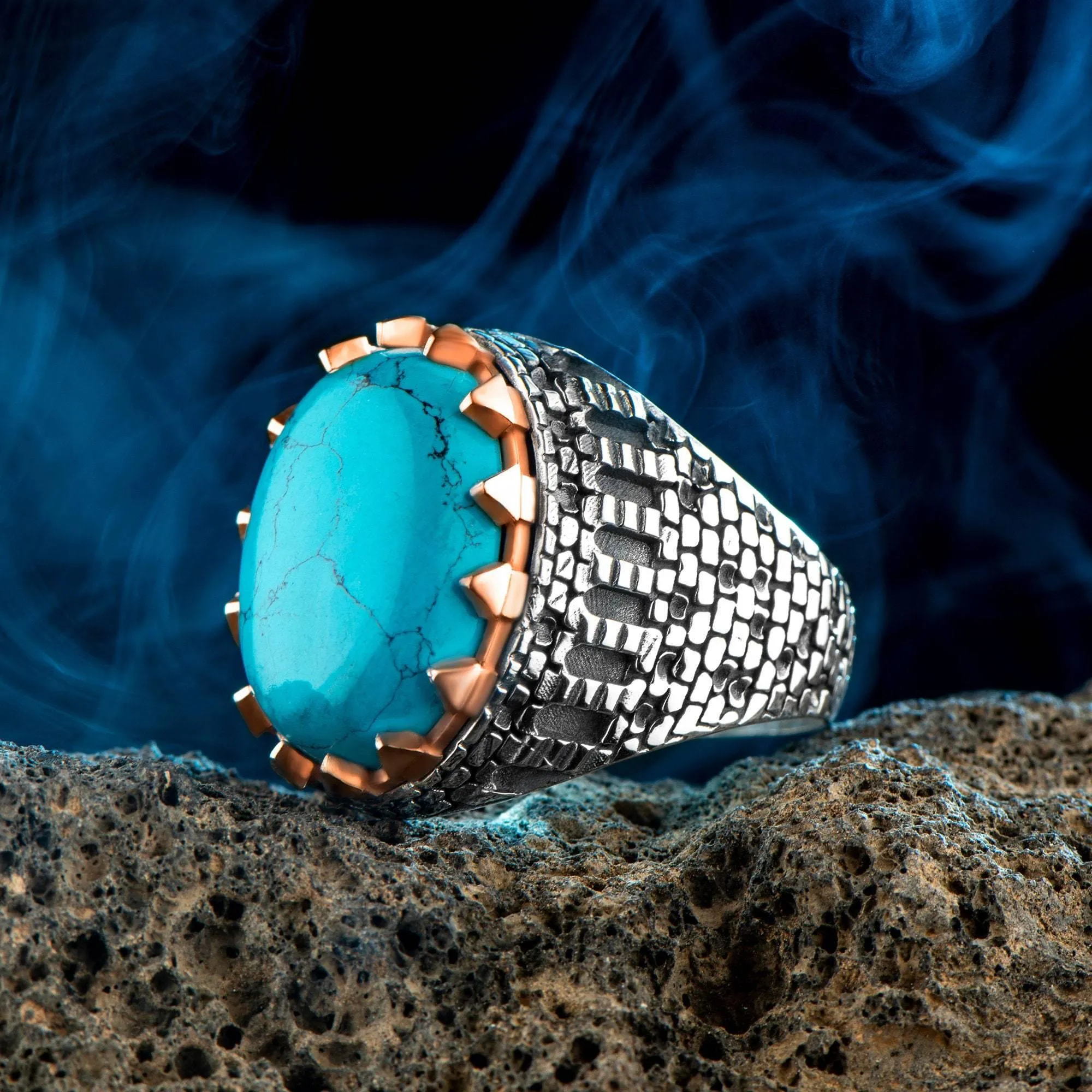 Oval Turquoise Men Ring, Sterling Silver Gemstone Ring, Castle Style Engraved Ring