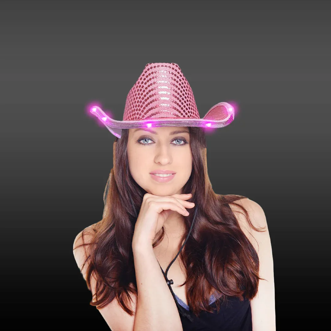 Personalized LED Light Up Flashing Pink Sequin Cowboy Hat - Pack of 20 Custom Hats