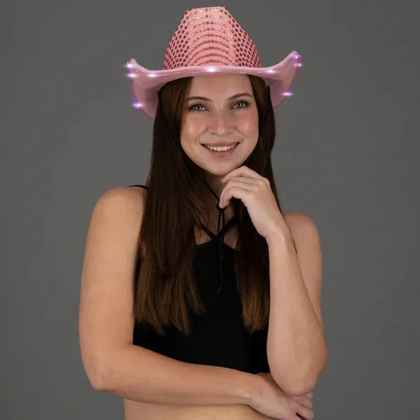 Personalized LED Light Up Flashing Pink Sequin Cowboy Hat - Pack of 20 Custom Hats