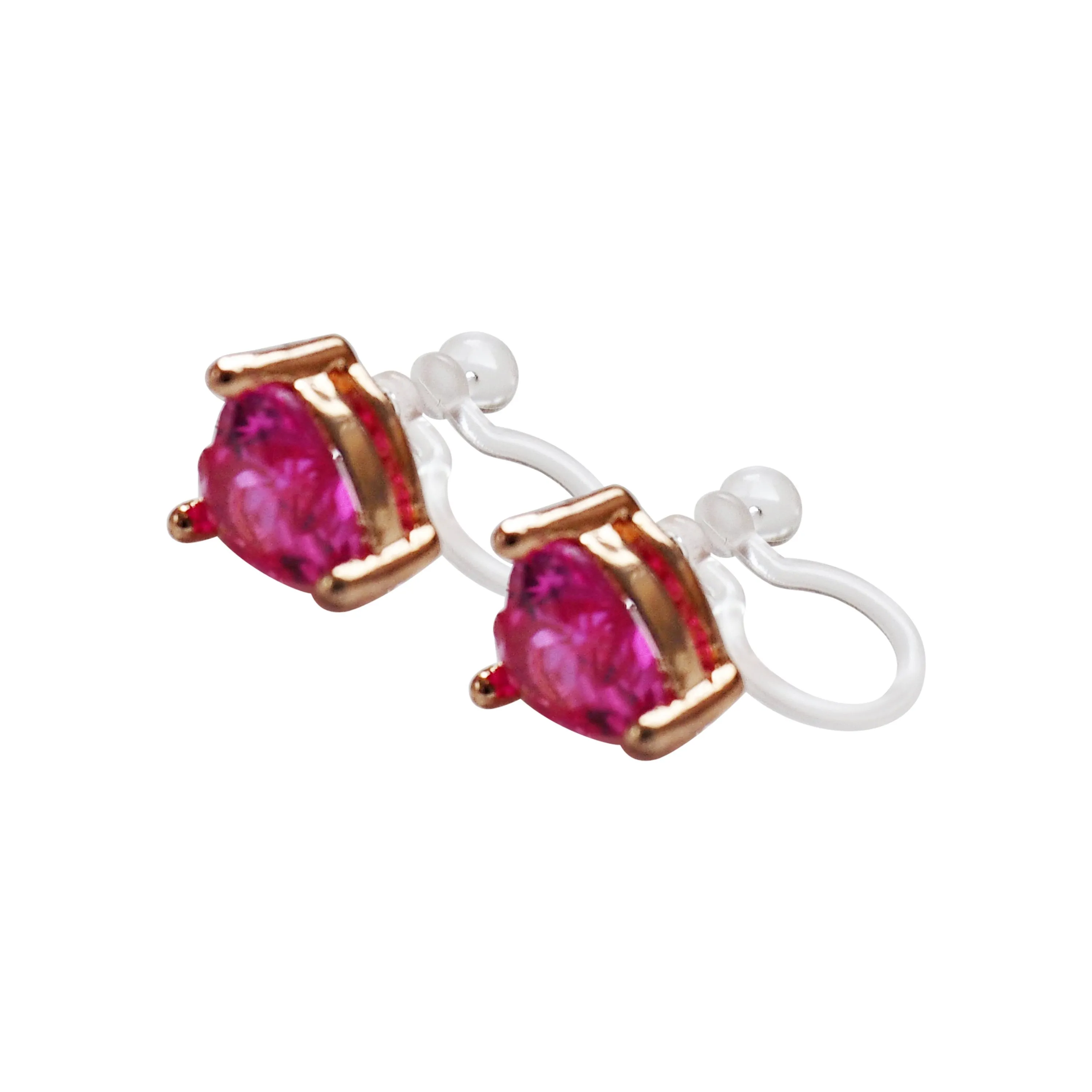 Pink Heart Crystal Invisible Clip On Stud Earrings