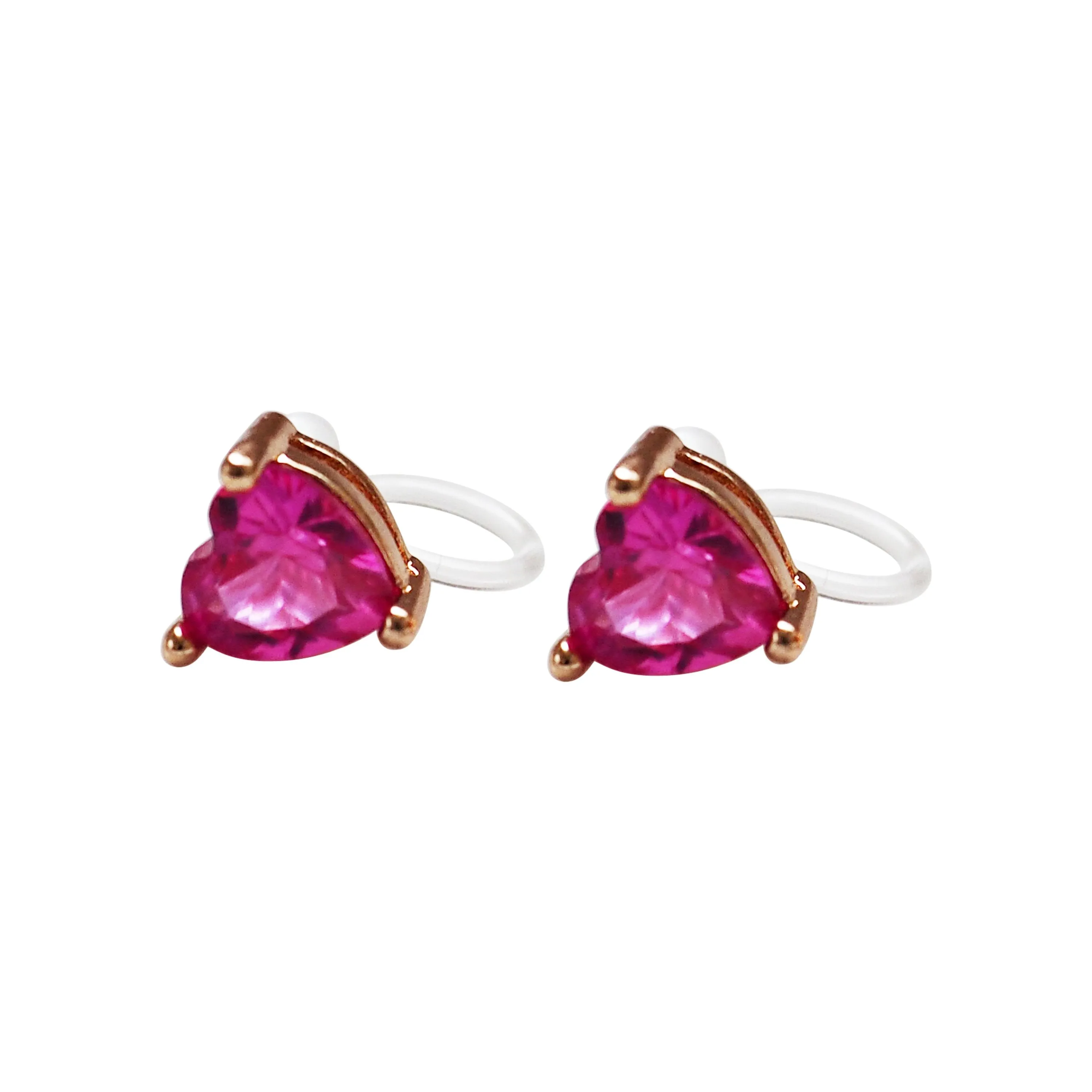 Pink Heart Crystal Invisible Clip On Stud Earrings