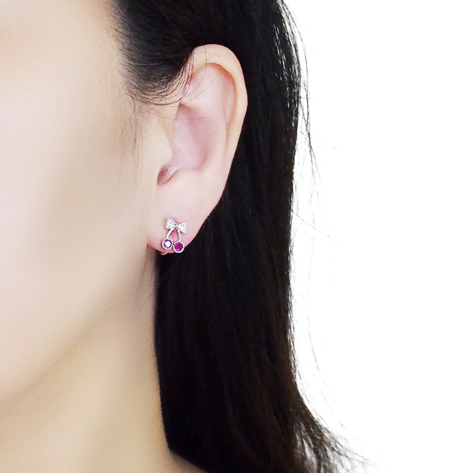 Pink Ribbon and White Pearl Cherry Invisible Clip On Stud Earrings ( 2 Piars Set)