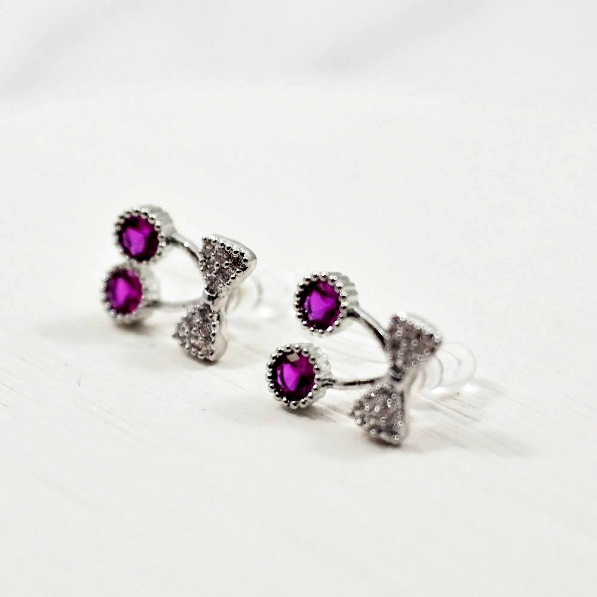 Pink Ribbon and White Pearl Cherry Invisible Clip On Stud Earrings ( 2 Piars Set)