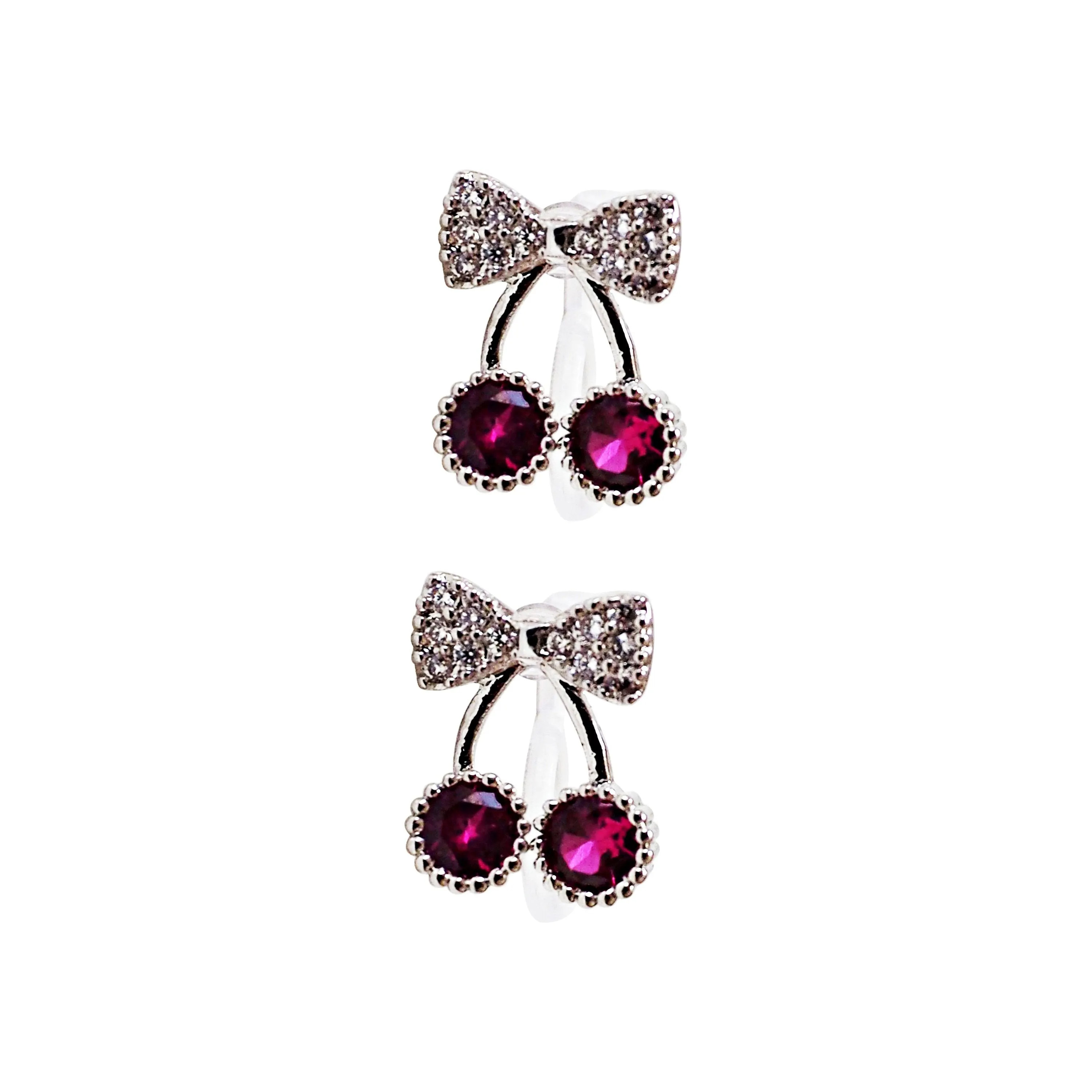 Pink Ribbon and White Pearl Cherry Invisible Clip On Stud Earrings ( 2 Piars Set)
