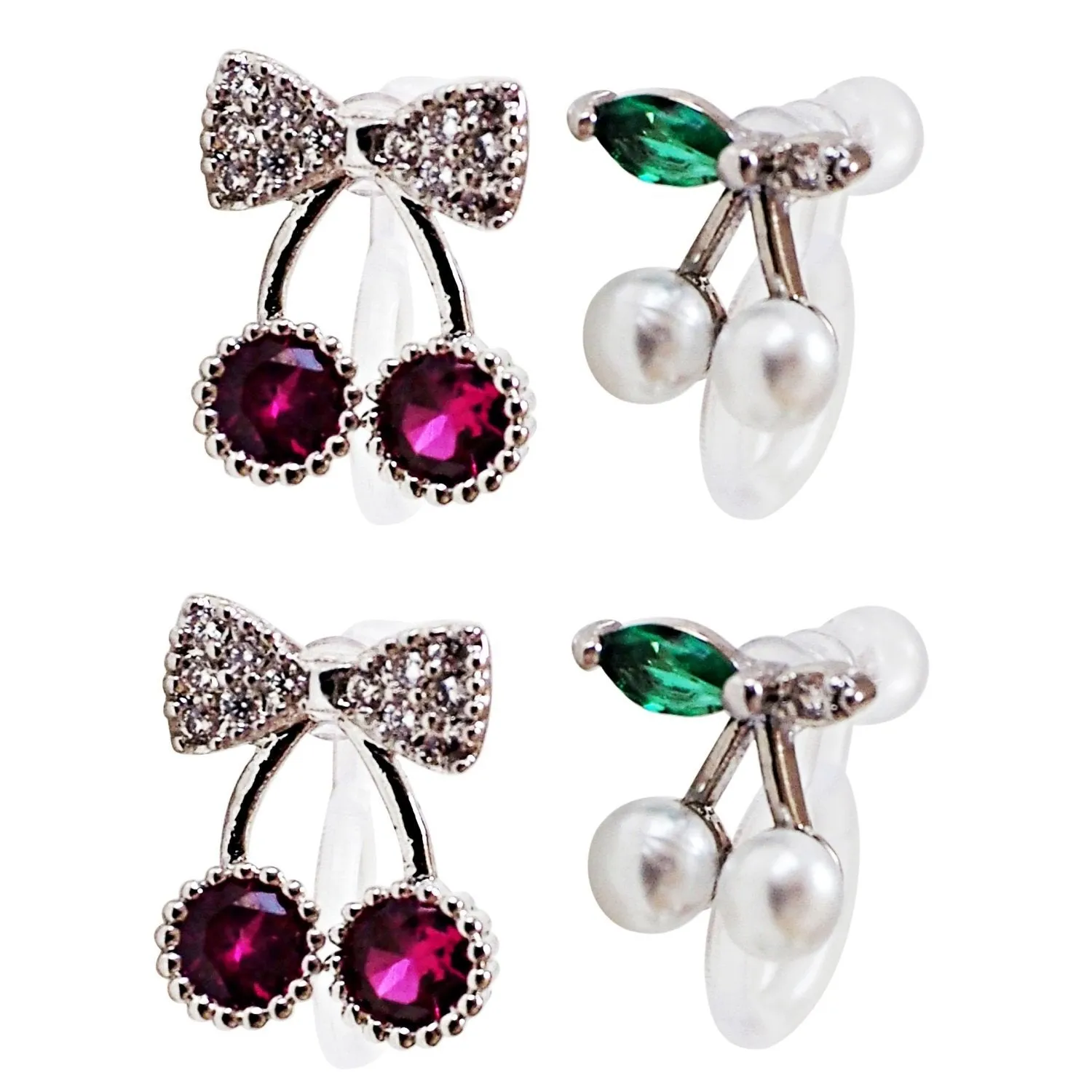 Pink Ribbon and White Pearl Cherry Invisible Clip On Stud Earrings ( 2 Piars Set)