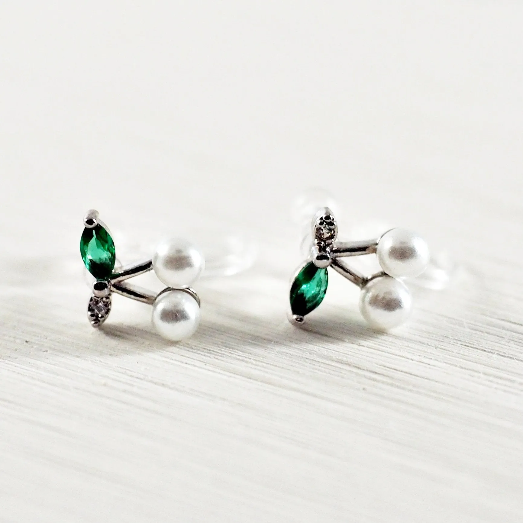 Pink Ribbon and White Pearl Cherry Invisible Clip On Stud Earrings ( 2 Piars Set)