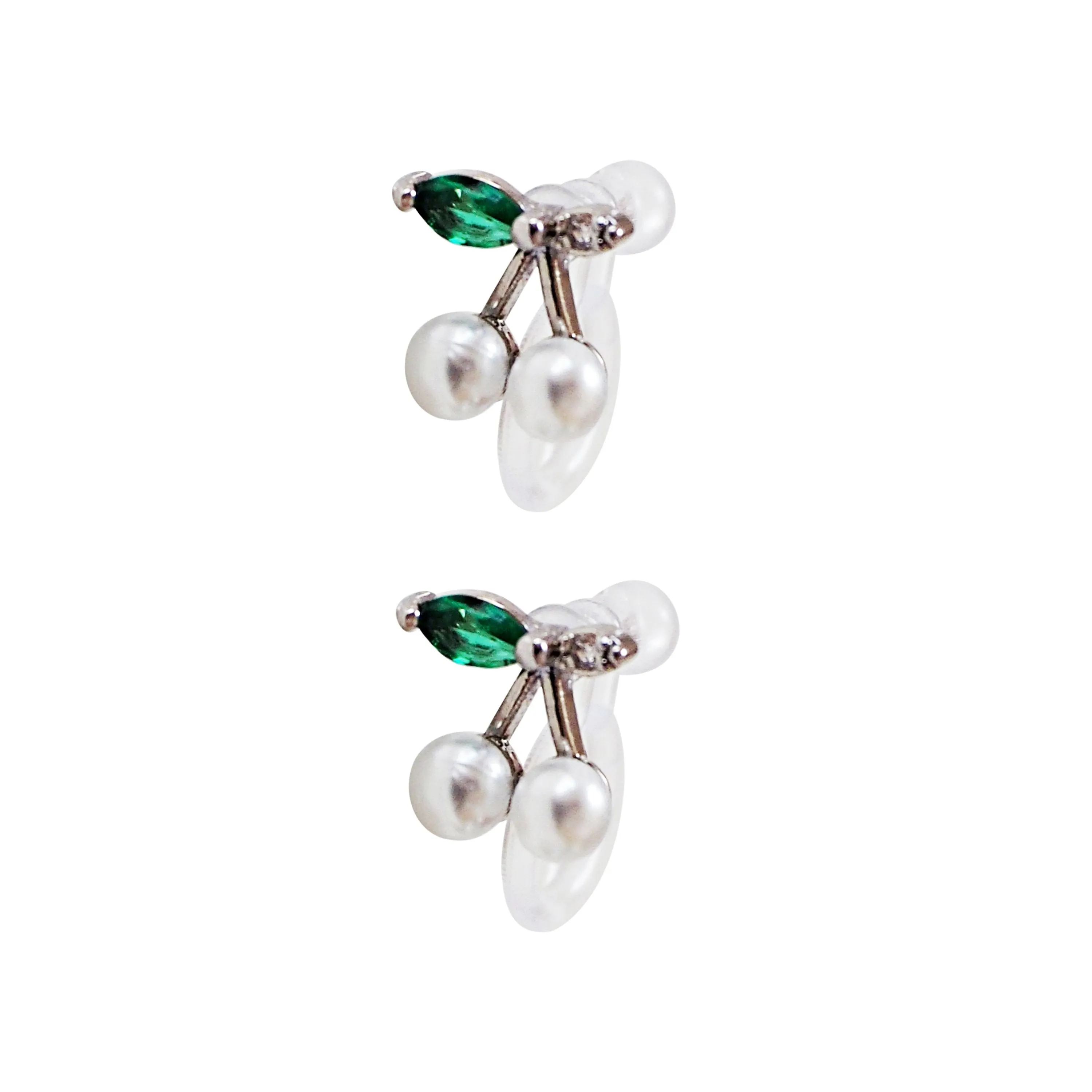 Pink Ribbon and White Pearl Cherry Invisible Clip On Stud Earrings ( 2 Piars Set)