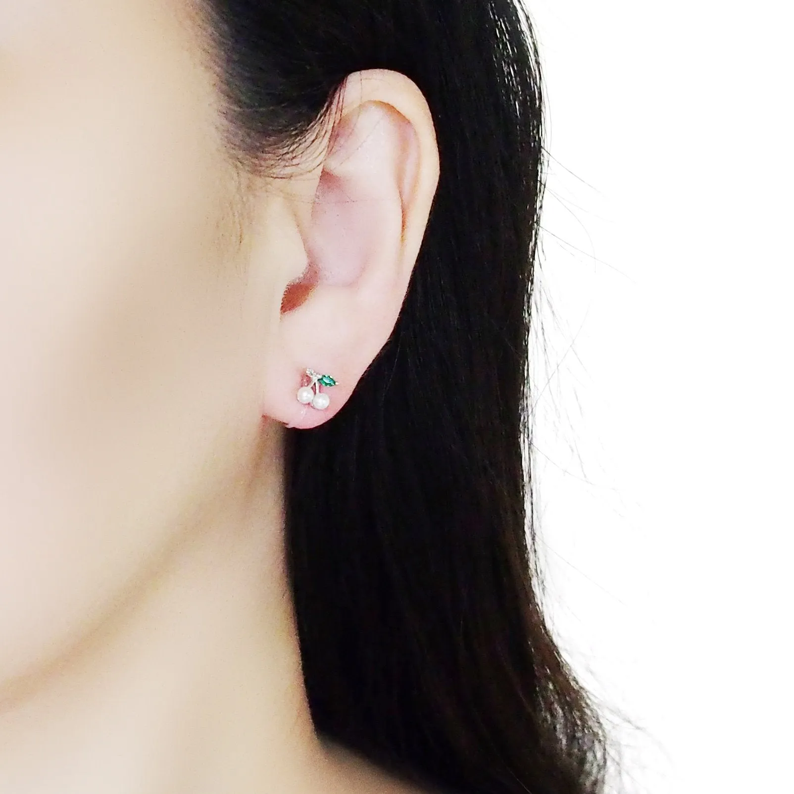 Pink Ribbon and White Pearl Cherry Invisible Clip On Stud Earrings ( 2 Piars Set)