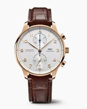 PORTUGIESER CHRONO AUTO 18KR SILVER PLATED DIAL BROWN STRAP