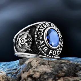 Qatar Emiri Air Force Ring, Military Rings with Blue Zircon Gemstone