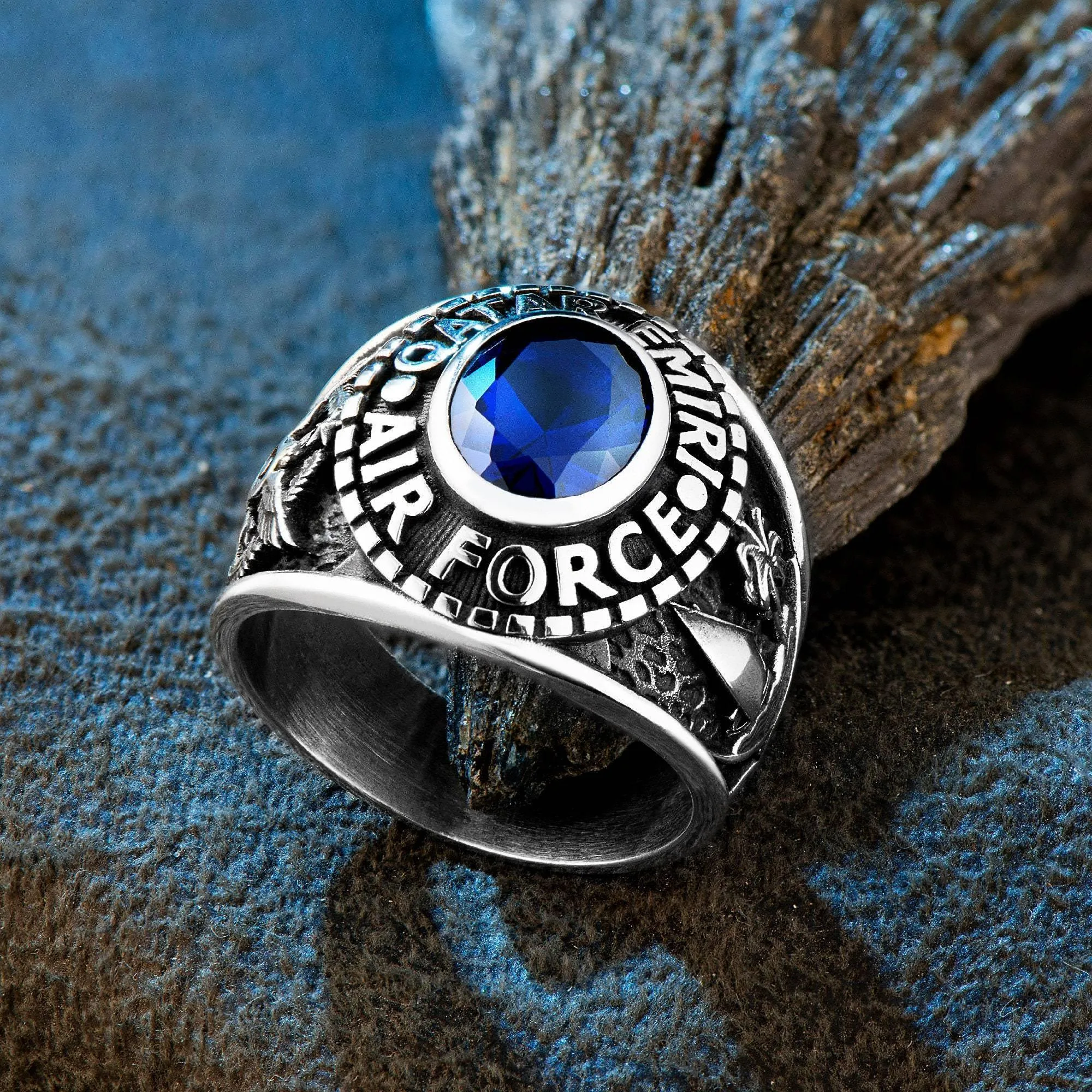 Qatar Emiri Air Force Ring, Military Rings with Blue Zircon Gemstone