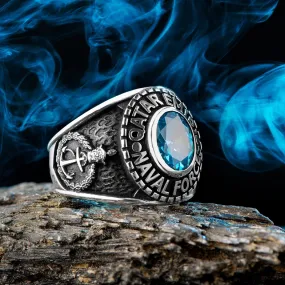 Qatar Emiri Naval Force Ring, Military Rings with Blue Zircon Gemstone