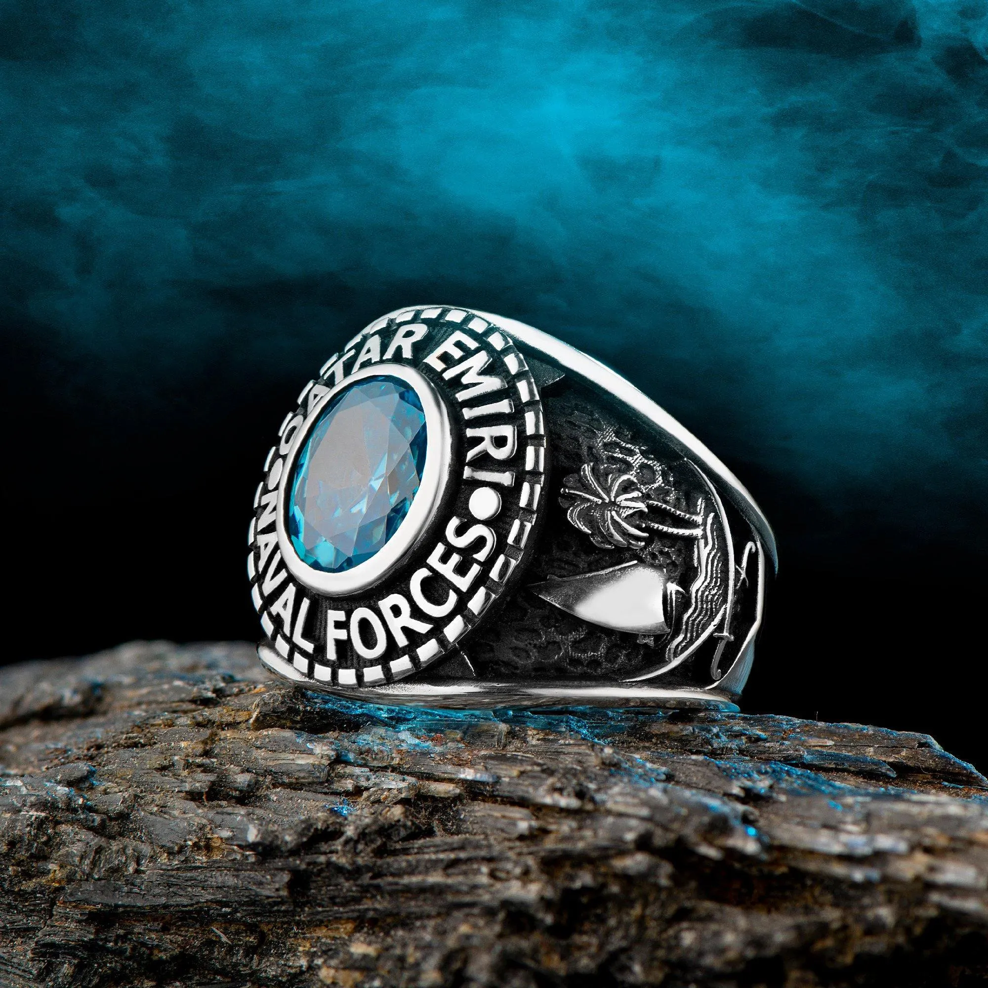 Qatar Emiri Naval Force Ring, Military Rings with Blue Zircon Gemstone