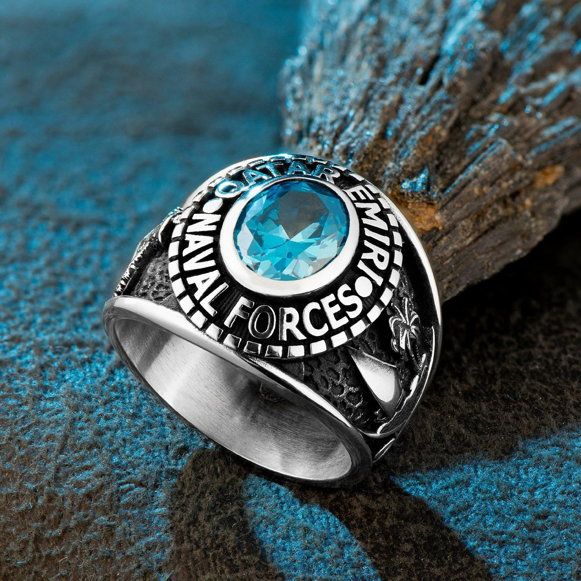 Qatar Emiri Naval Force Ring, Military Rings with Blue Zircon Gemstone