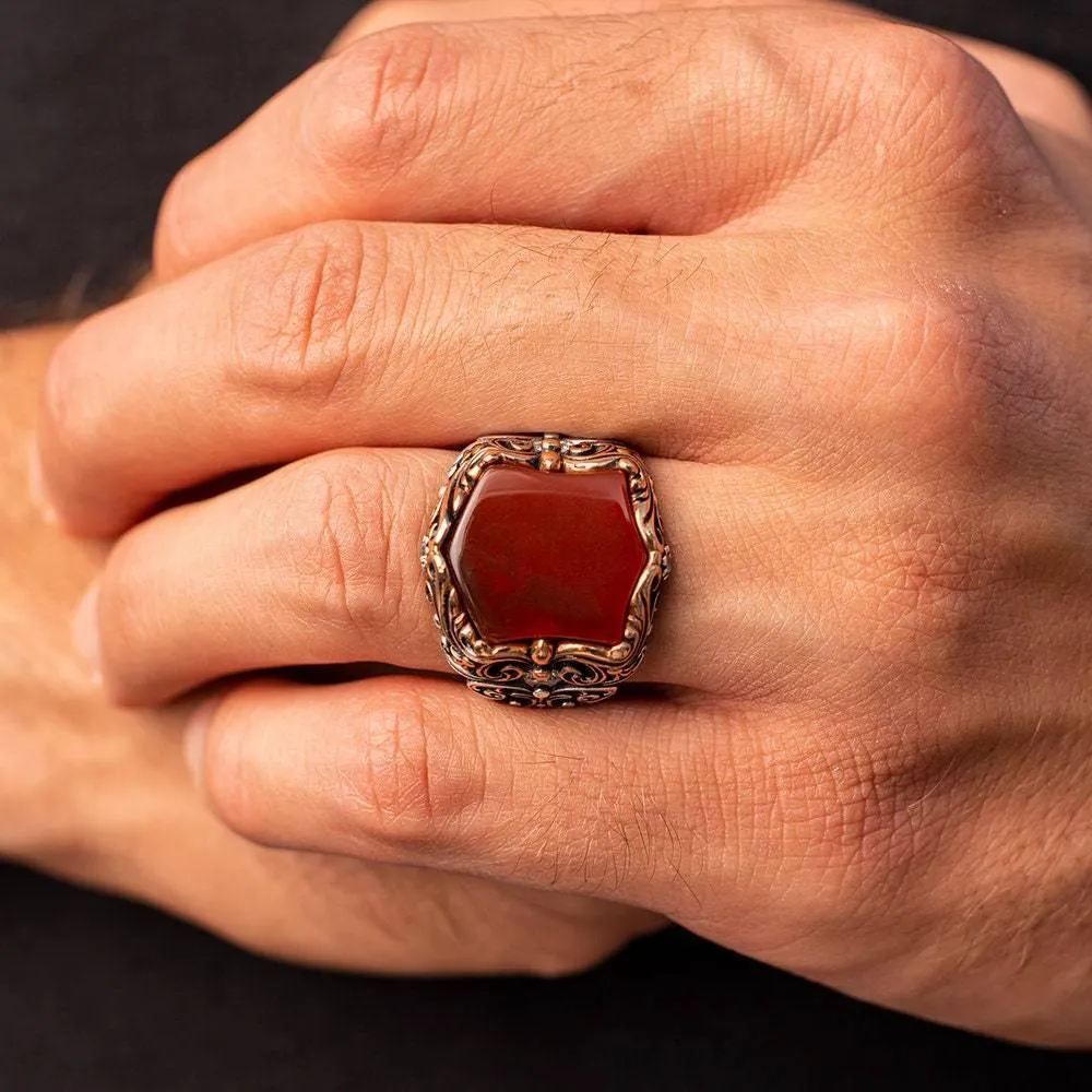 Red Gemstone Ring, Mens Handmade Ring, 925 Sterling Silver Ring