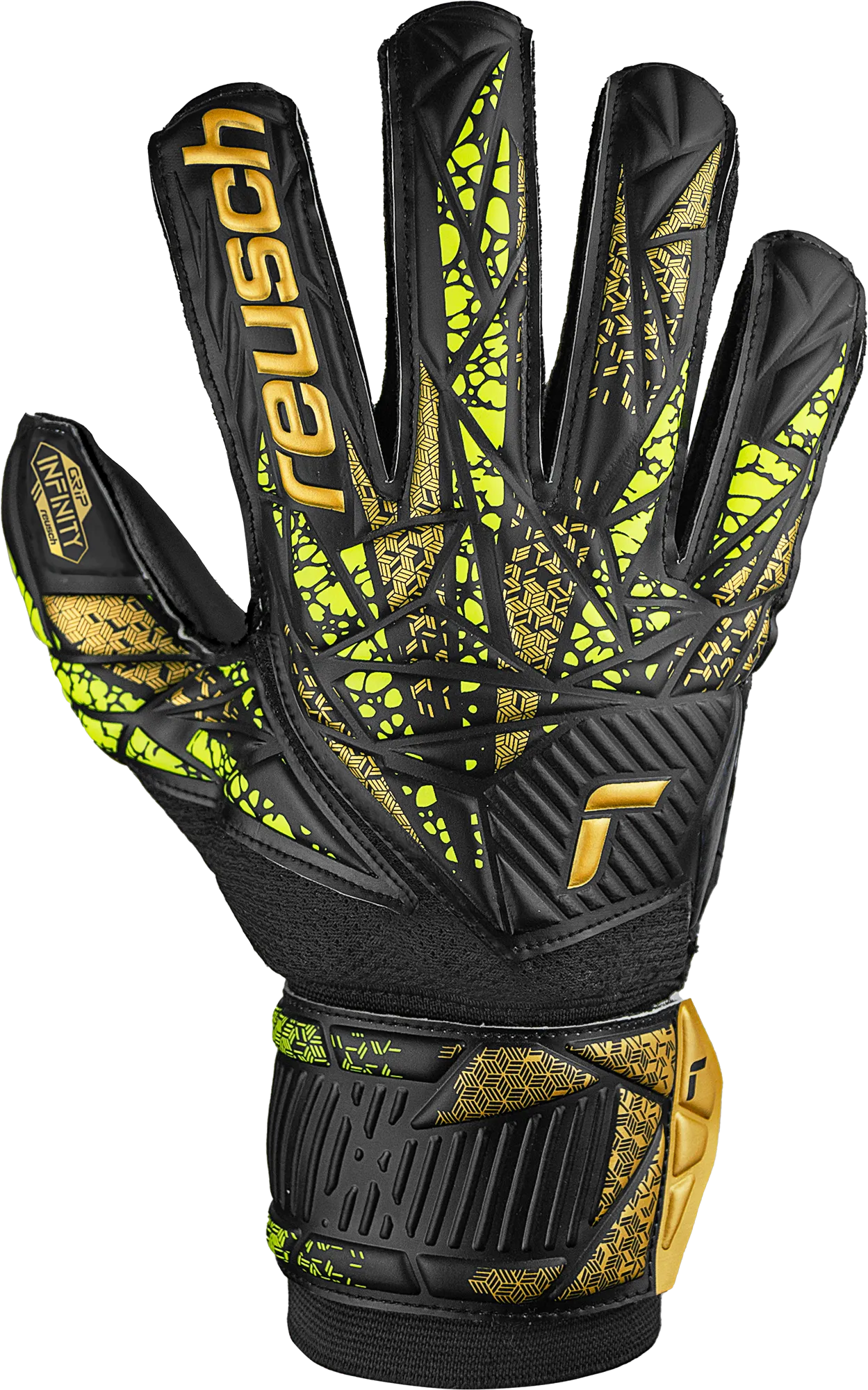 Reusch Attrakt Infinity Finger Support Adult Soccer Goalkeeper Gloves 5470710 Black/Gold/Yellow