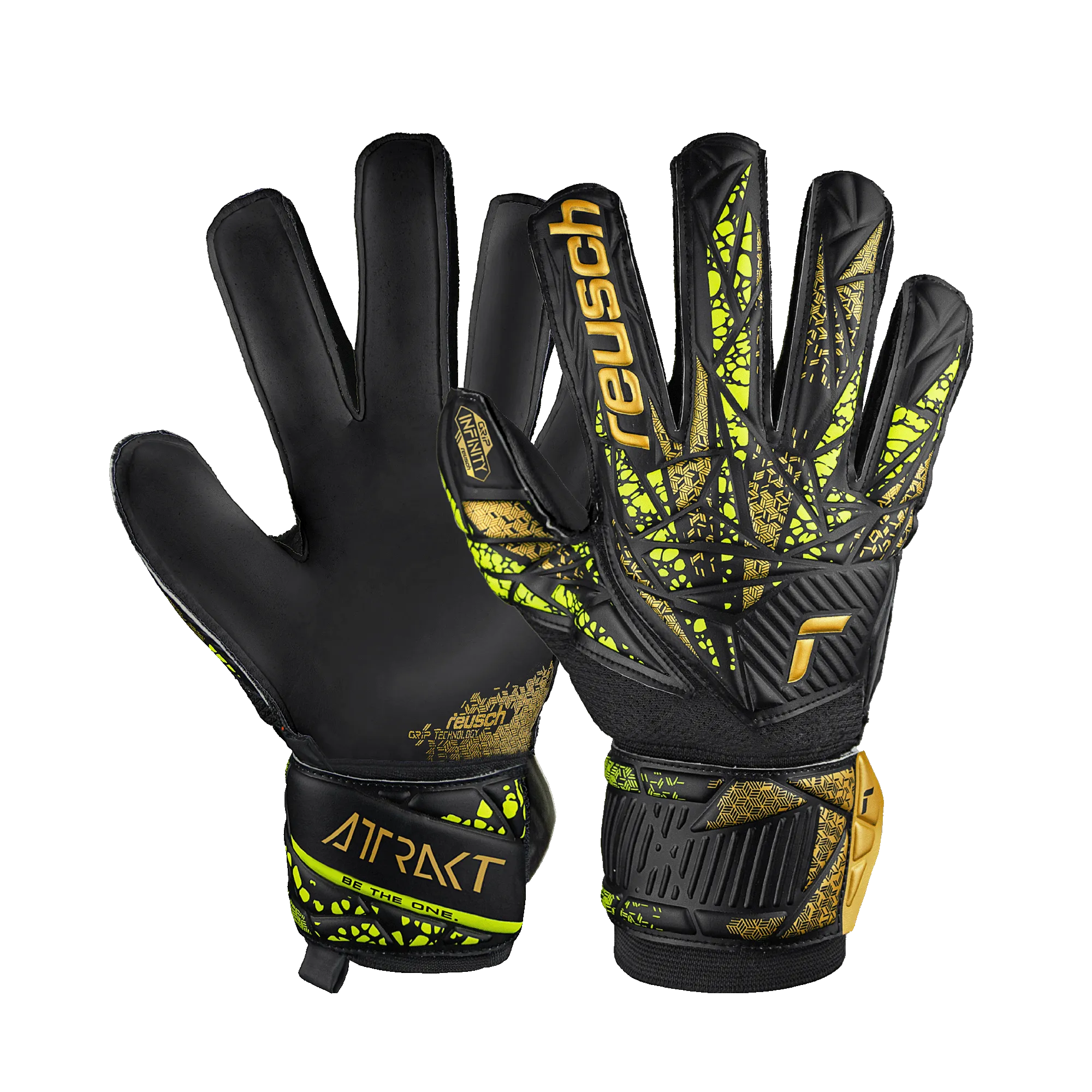 Reusch Attrakt Infinity Finger Support Adult Soccer Goalkeeper Gloves 5470710 Black/Gold/Yellow