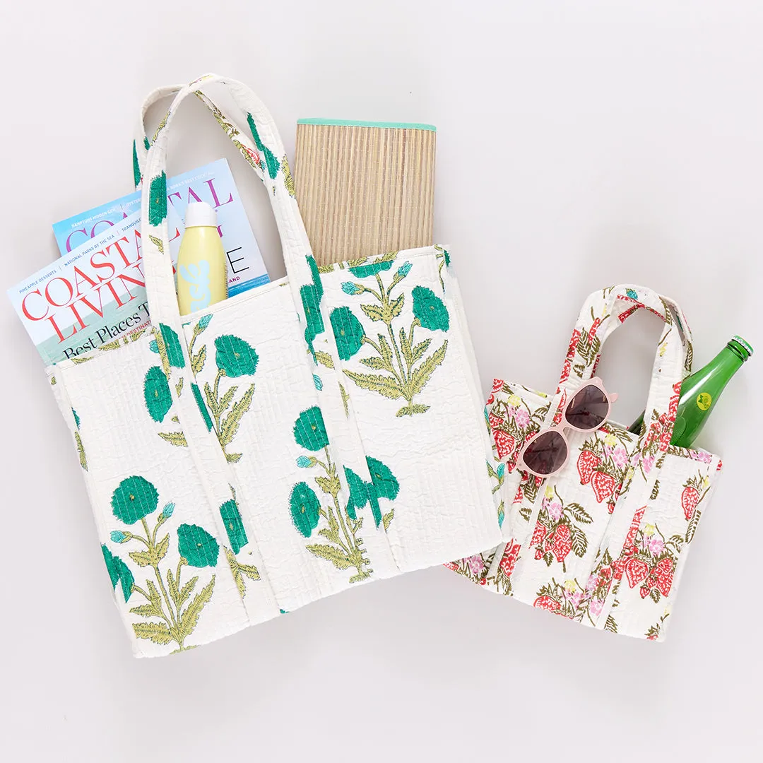 Reversible Large Quilted Tote- Jade Dandelion