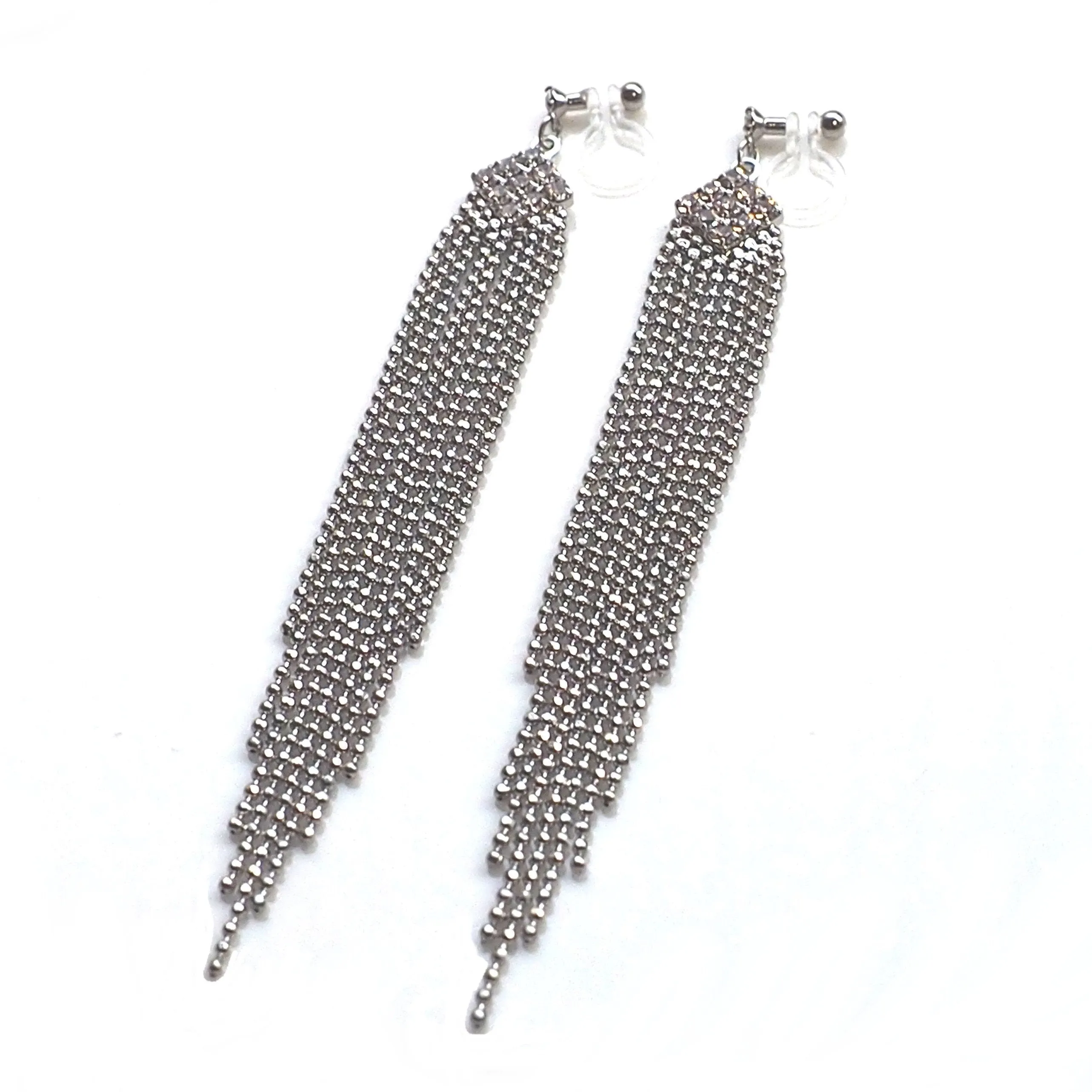 Rhinestone and silver ball chain invisible clip on earrings