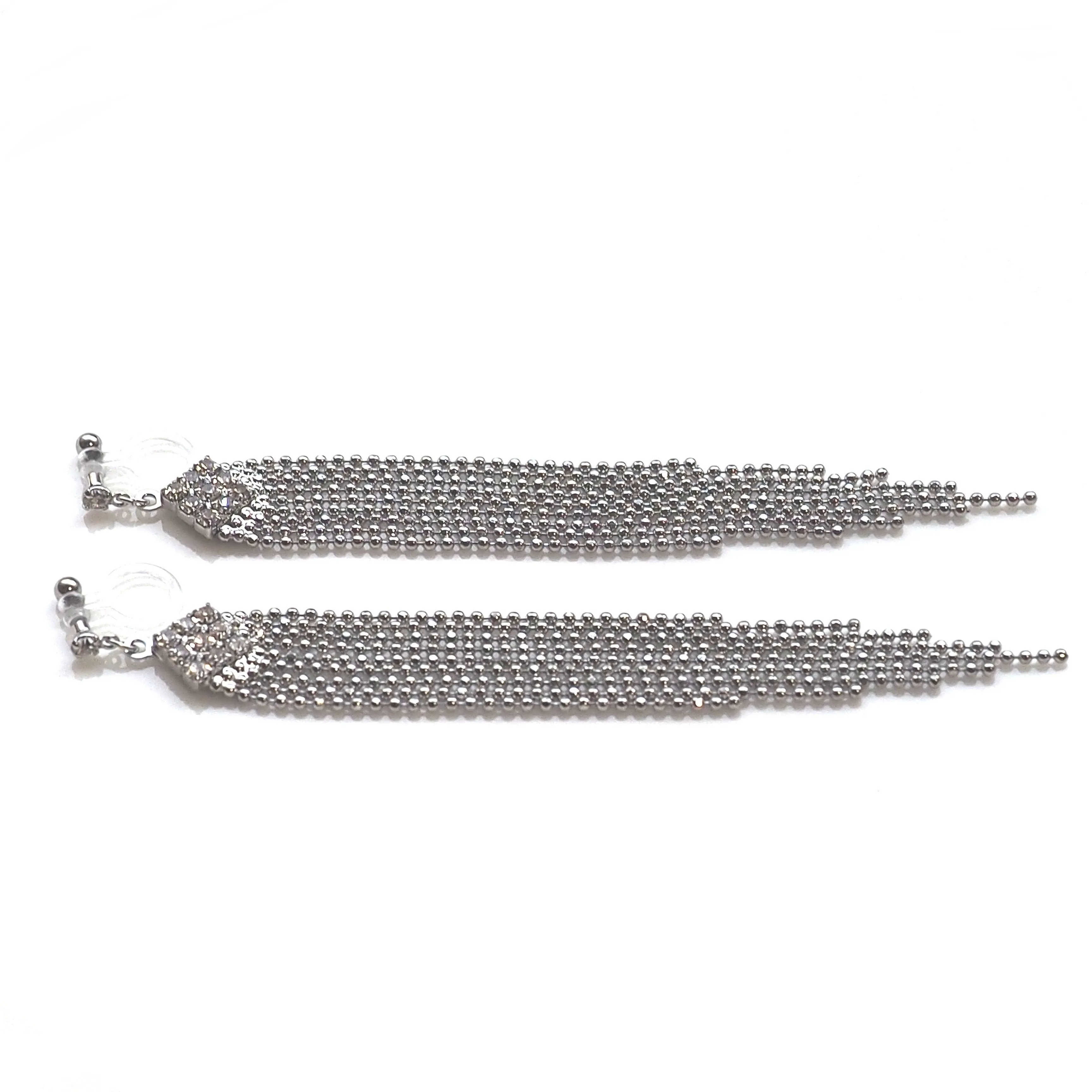 Rhinestone and silver ball chain invisible clip on earrings