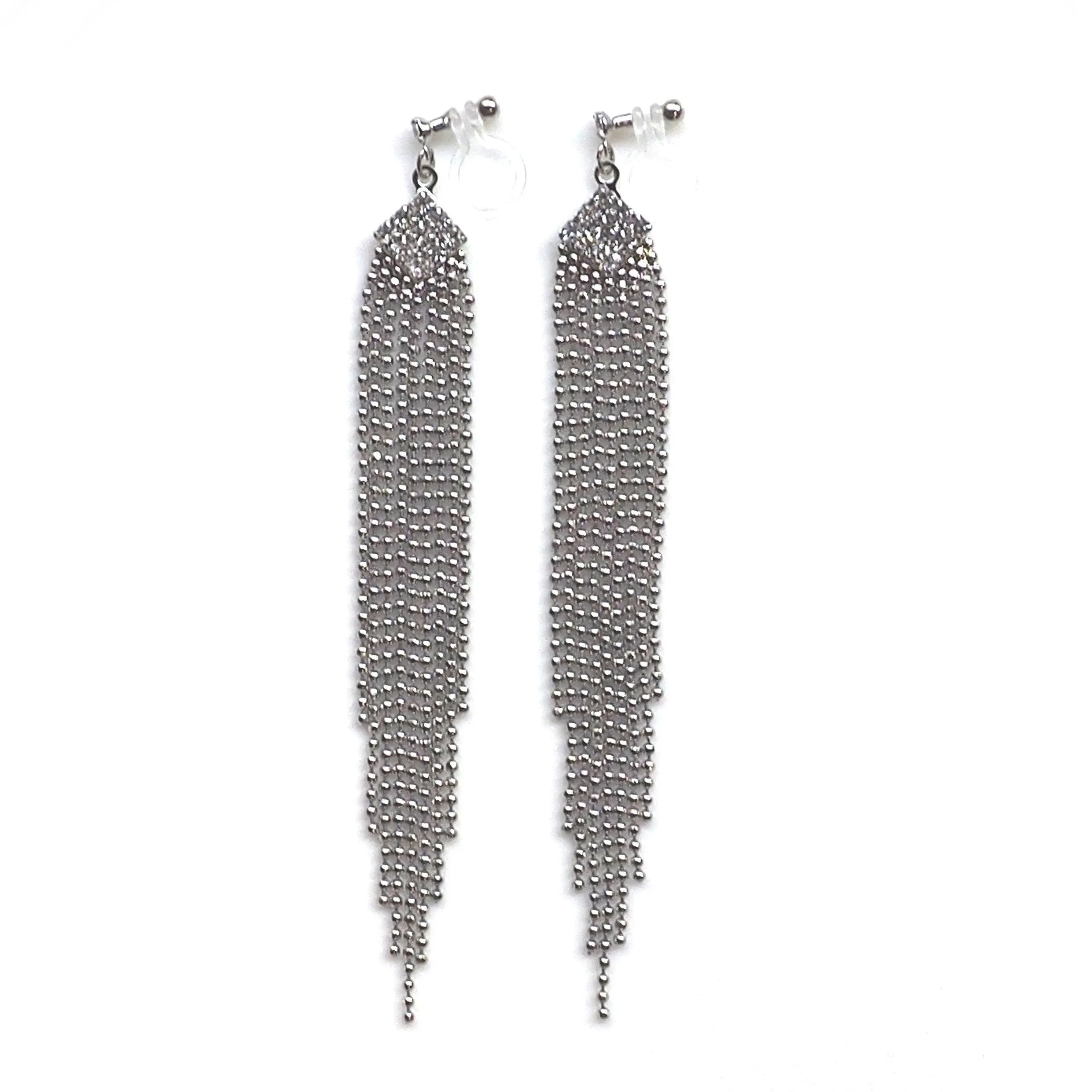 Rhinestone and silver ball chain invisible clip on earrings