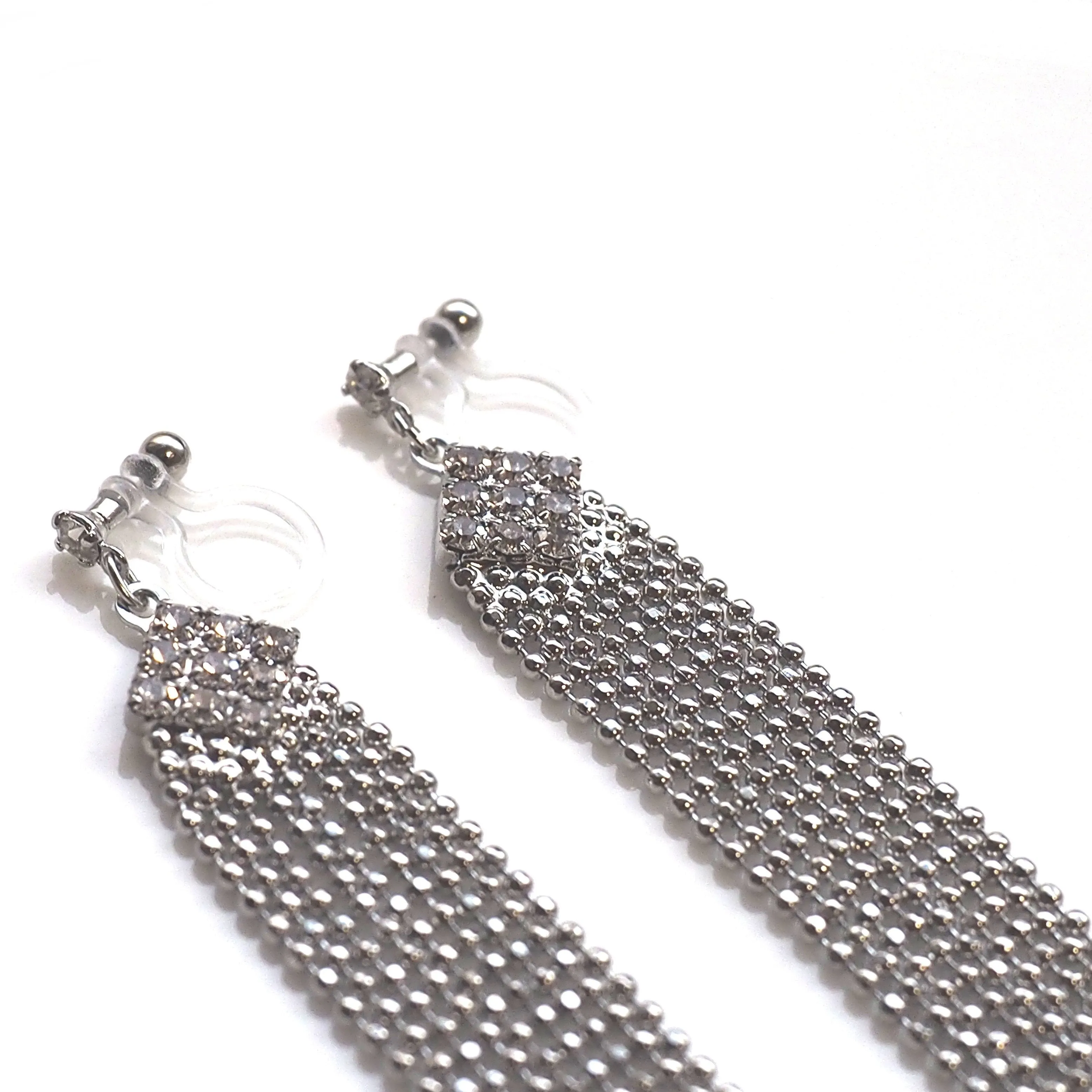 Rhinestone and silver ball chain invisible clip on earrings