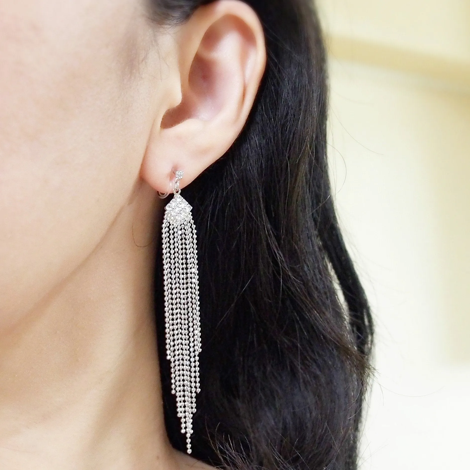 Rhinestone and silver ball chain invisible clip on earrings