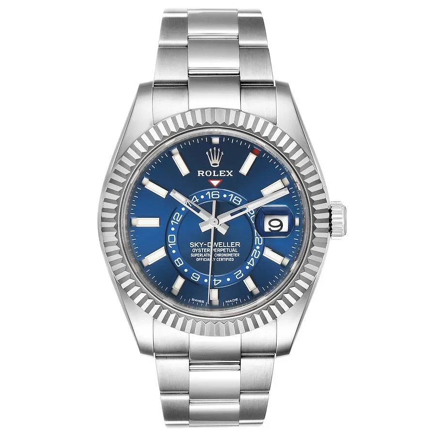 RLX The Oyster Perpetual Sky-Dweller in White Rolesor with a bright blue dial and an Oyster bracelet. RLX Sky-Dweller RLX-DWELLER