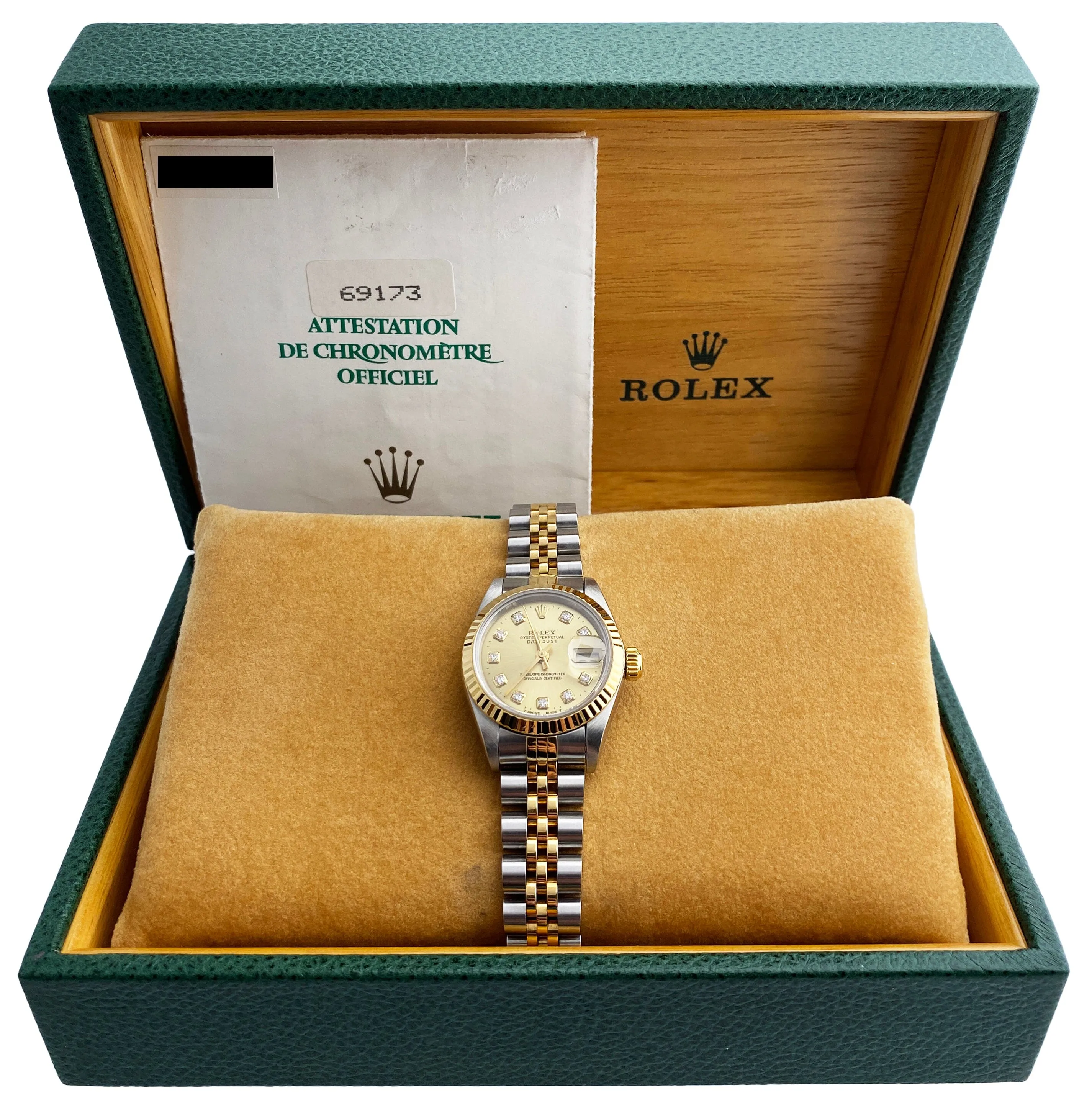 Rolex 69173 Datejust Diamond Dial Ladies Watch Box Papers