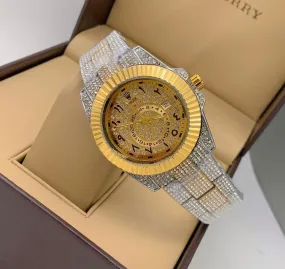 Rolex Analog Diamond Set Watch Royal Multicolor Strap Stainless Steel With Gold Color Diamond Arabic Dial Dated Watch For Men's And Women's -Best For Stylist Look- RLX-8097