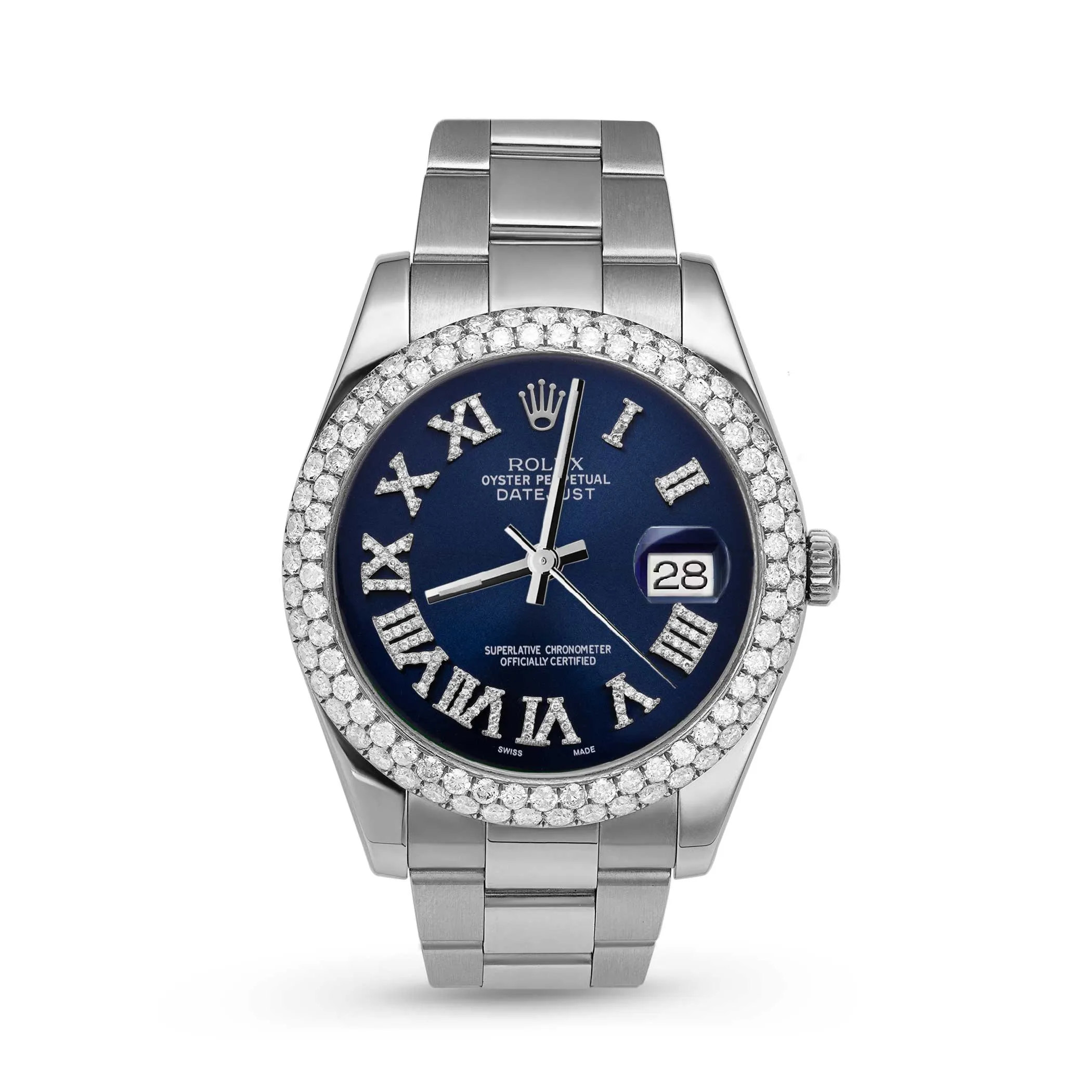 Rolex Datejust Diamond Bezel Watch 41mm Bright Blue Roman Numeral Dial | 5.25ct