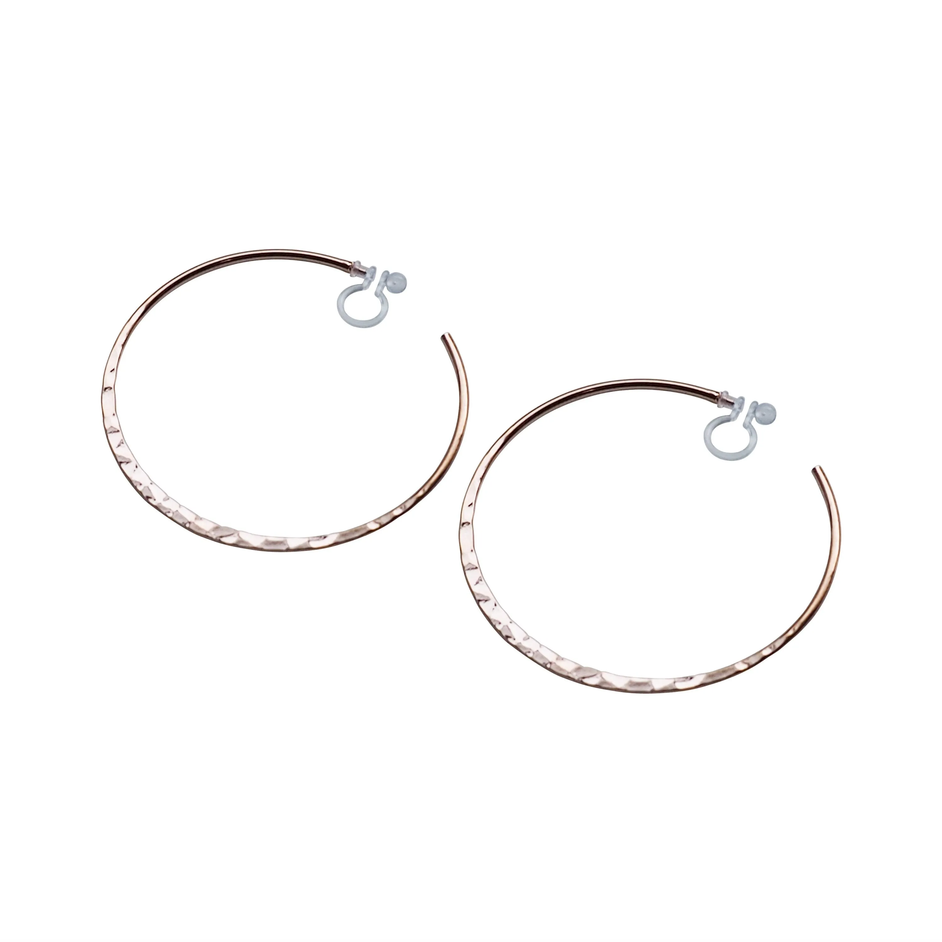 Rose Gold Large Hammered Invisible Clip On Hoop Earrings